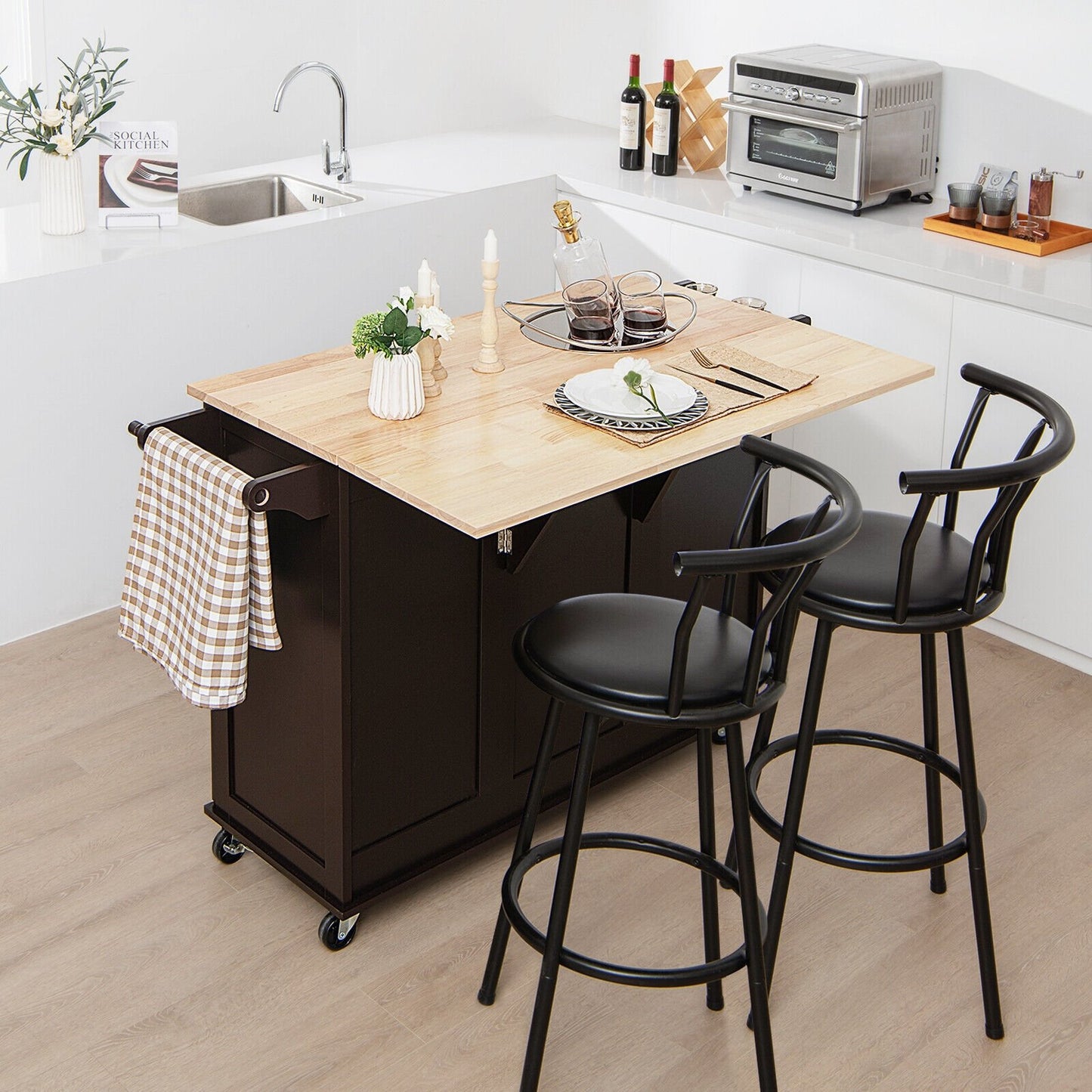 Falling Leaf Kitchen Island Trolley Cart Wood Storage Cabinet