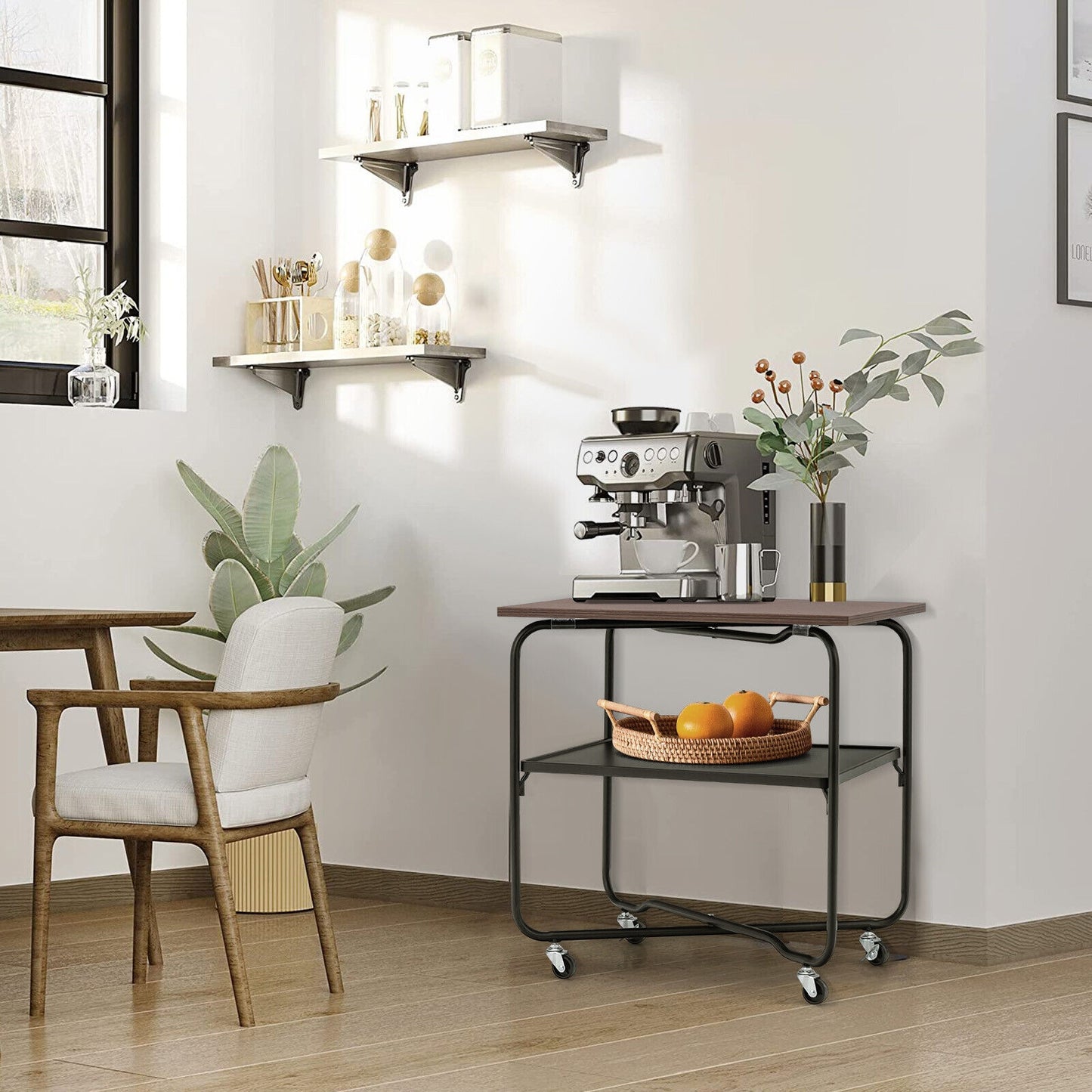 2-Tier End Table with Metal Storage Shelf and Foldable Frame-Brown