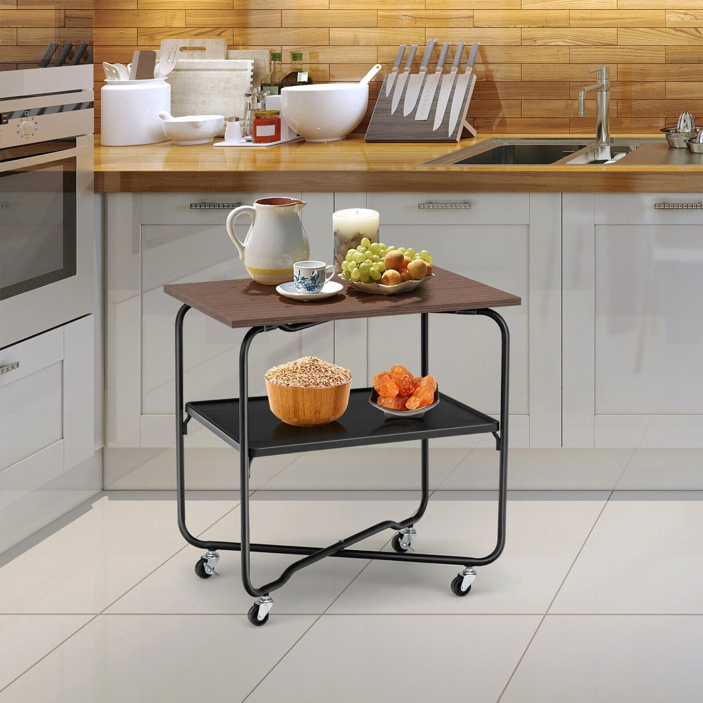 2-Tier End Table with Metal Storage Shelf and Foldable Frame-Brown