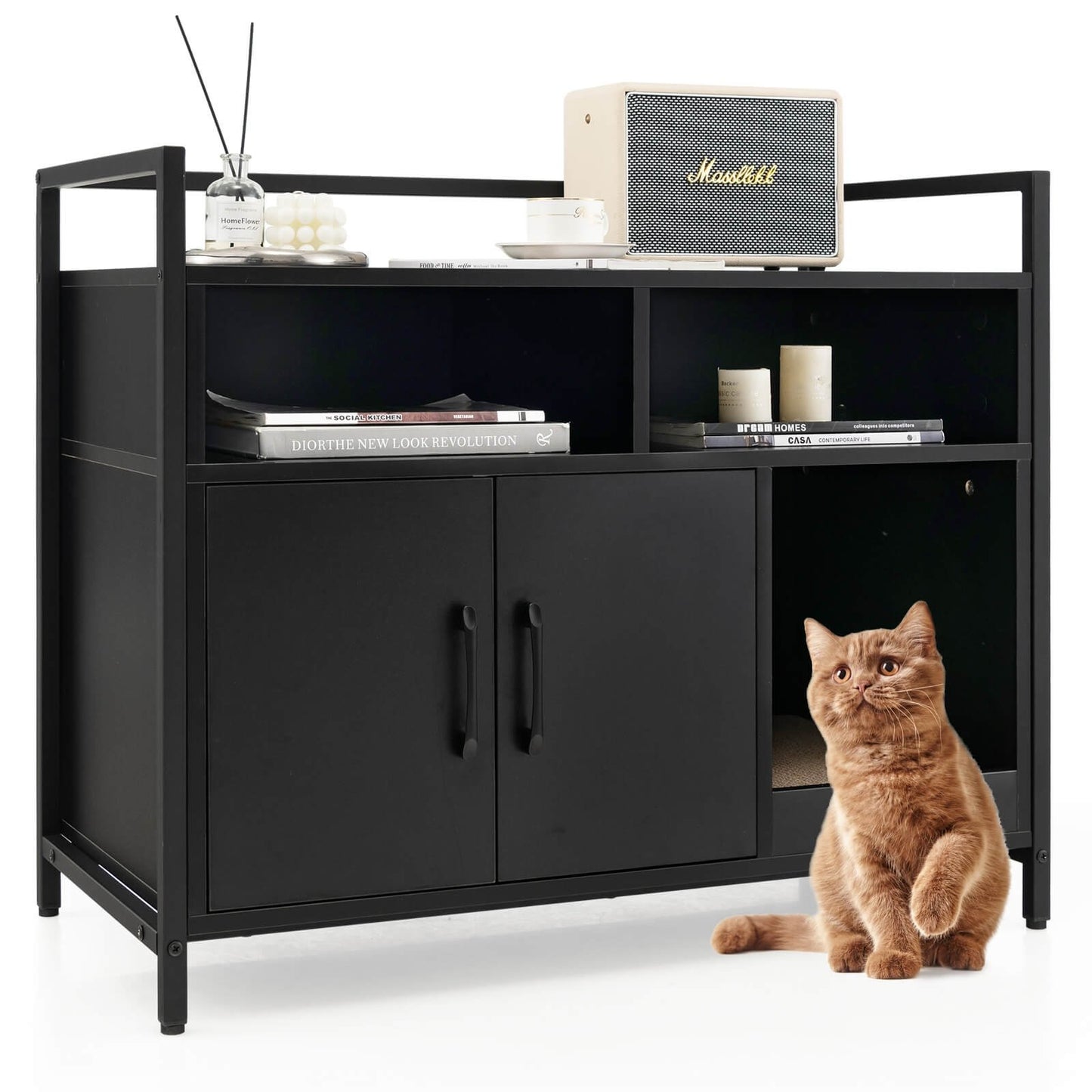 Hidden Cat Washroom with Double Doors and Scratch Cardboard-Black