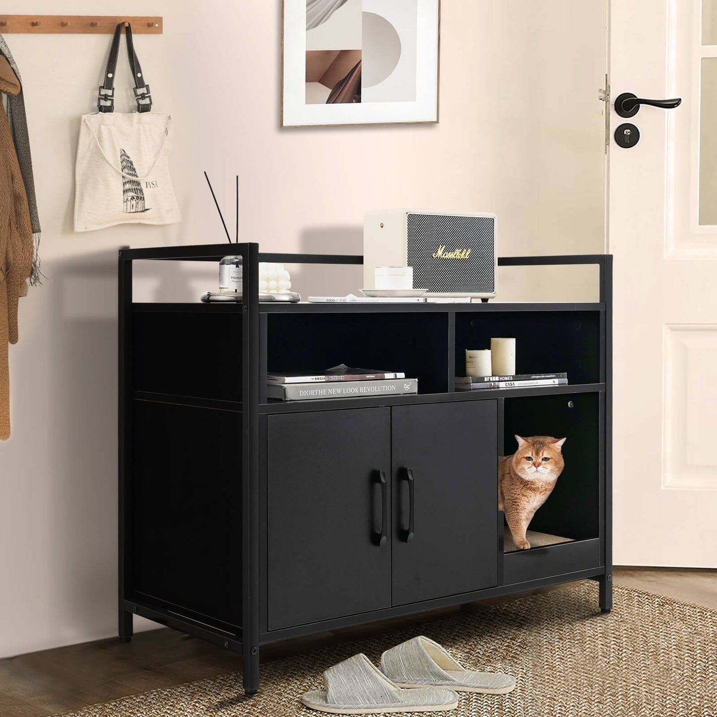 Hidden Cat Washroom with Double Doors and Scratch Cardboard-Black