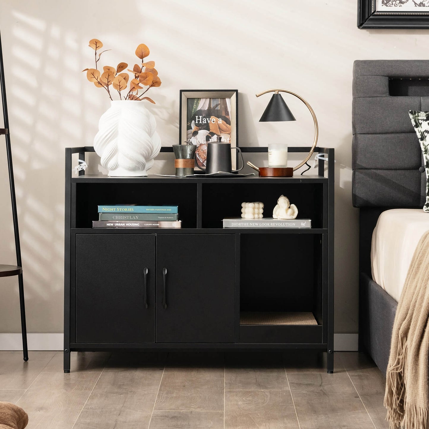 Hidden Cat Washroom with Double Doors and Scratch Cardboard-Black