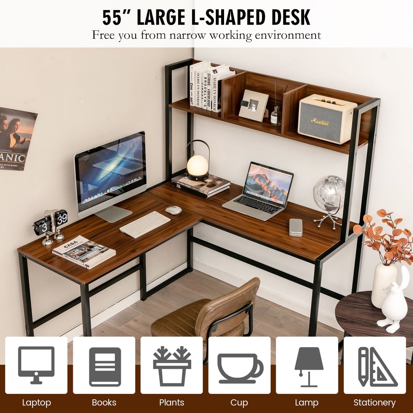 Industrial L-Shaped Desk Bookshelf 55 Inch Corner Computer Gaming Table-Black