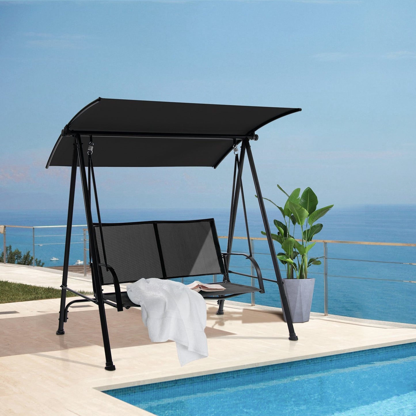 2-Seat Outdoor Canopy Swing with Comfortable Fabric Seat and Heavy-duty Metal Frame-Beige