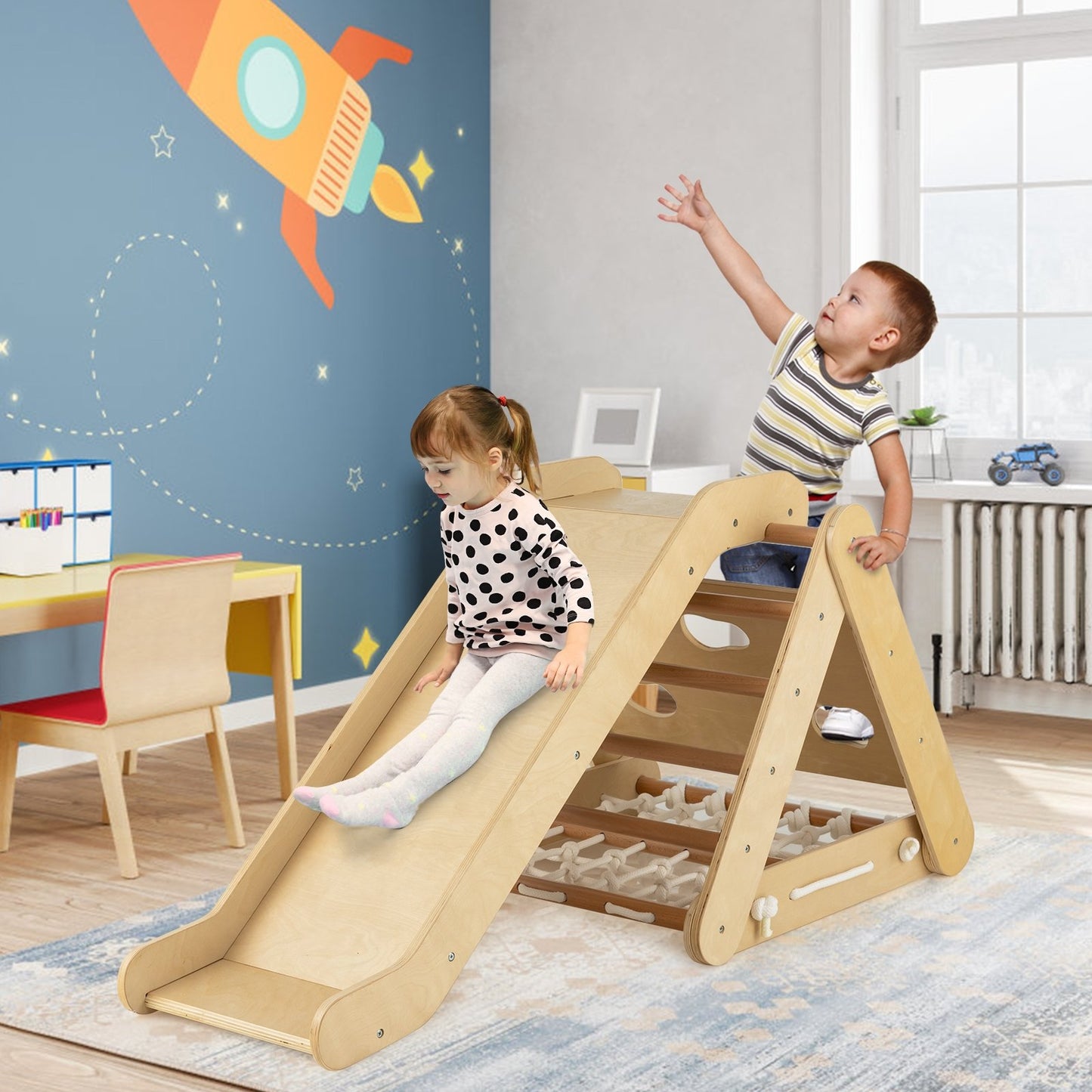 4 in 1 Triangle Climber Toy with Sliding Board and Climbing Net-Multicolor