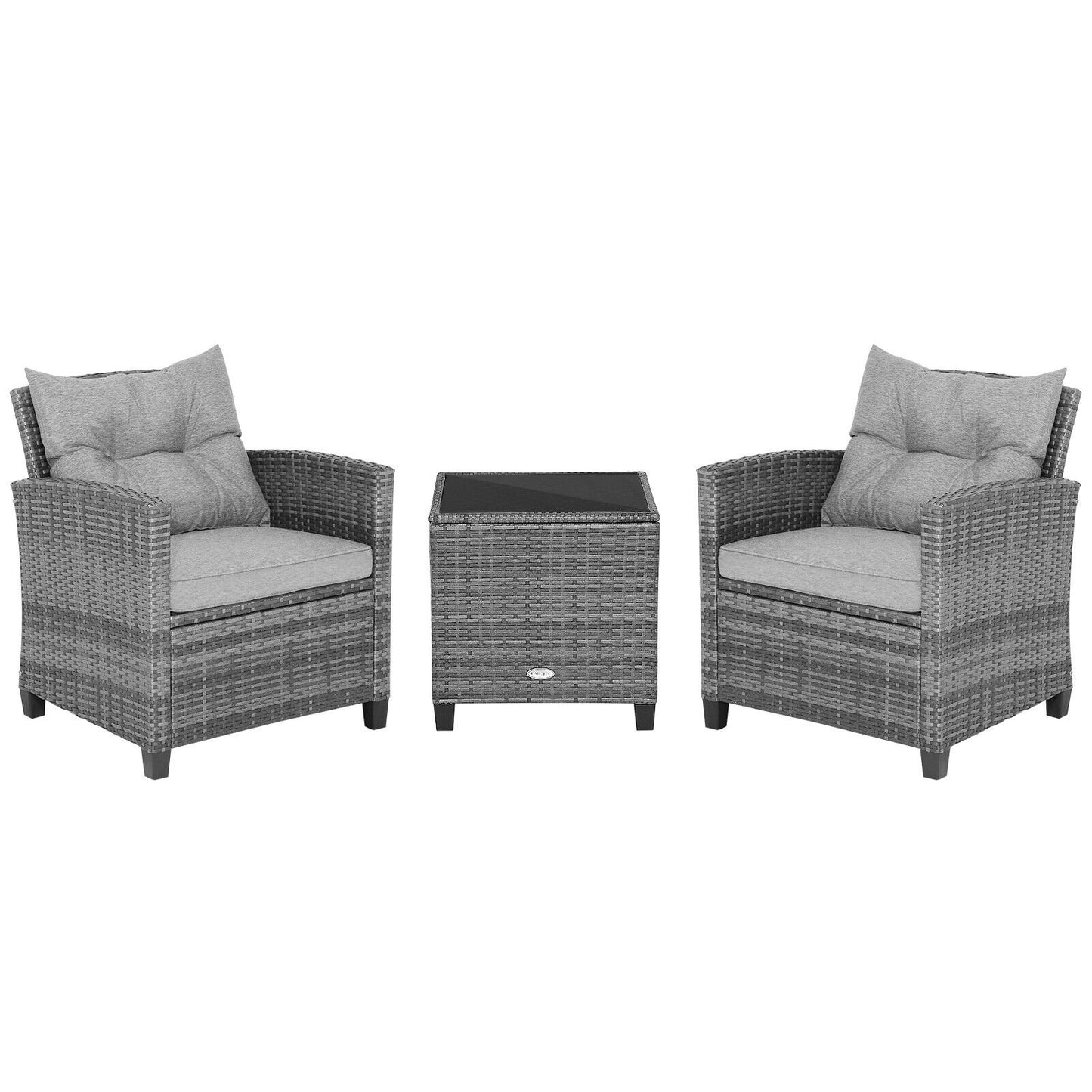 3 Pieces Outdoor Wicker Conversation Set with Tempered Glass Tabletop-Black