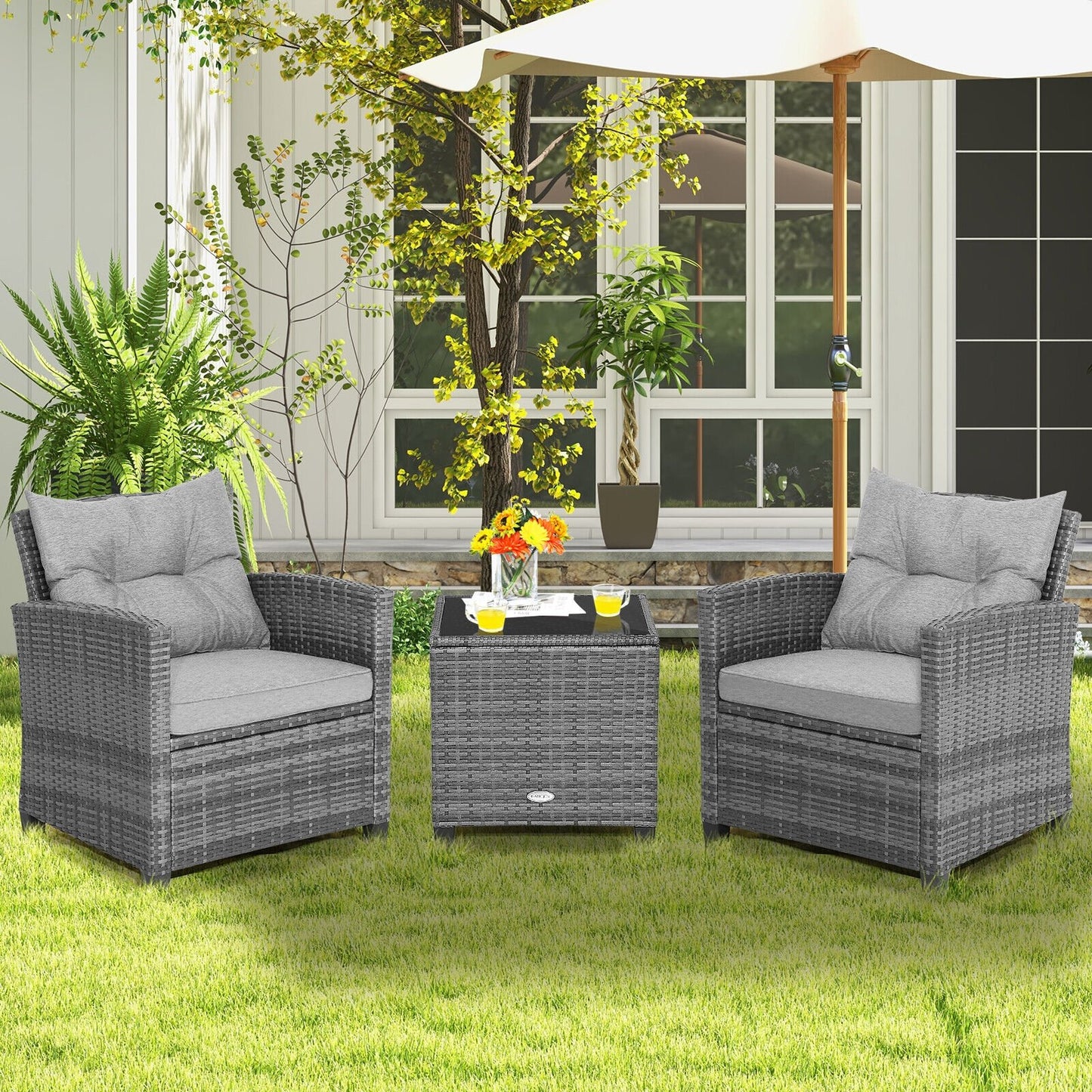 3 Pieces Outdoor Wicker Conversation Set with Tempered Glass Tabletop-Black