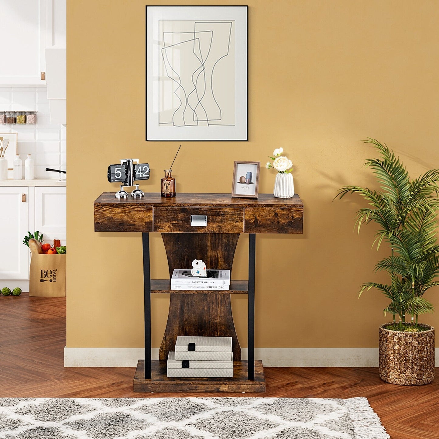 Console Table with Drawer and 2-Tier Shelves for Entryway Living Room-Black