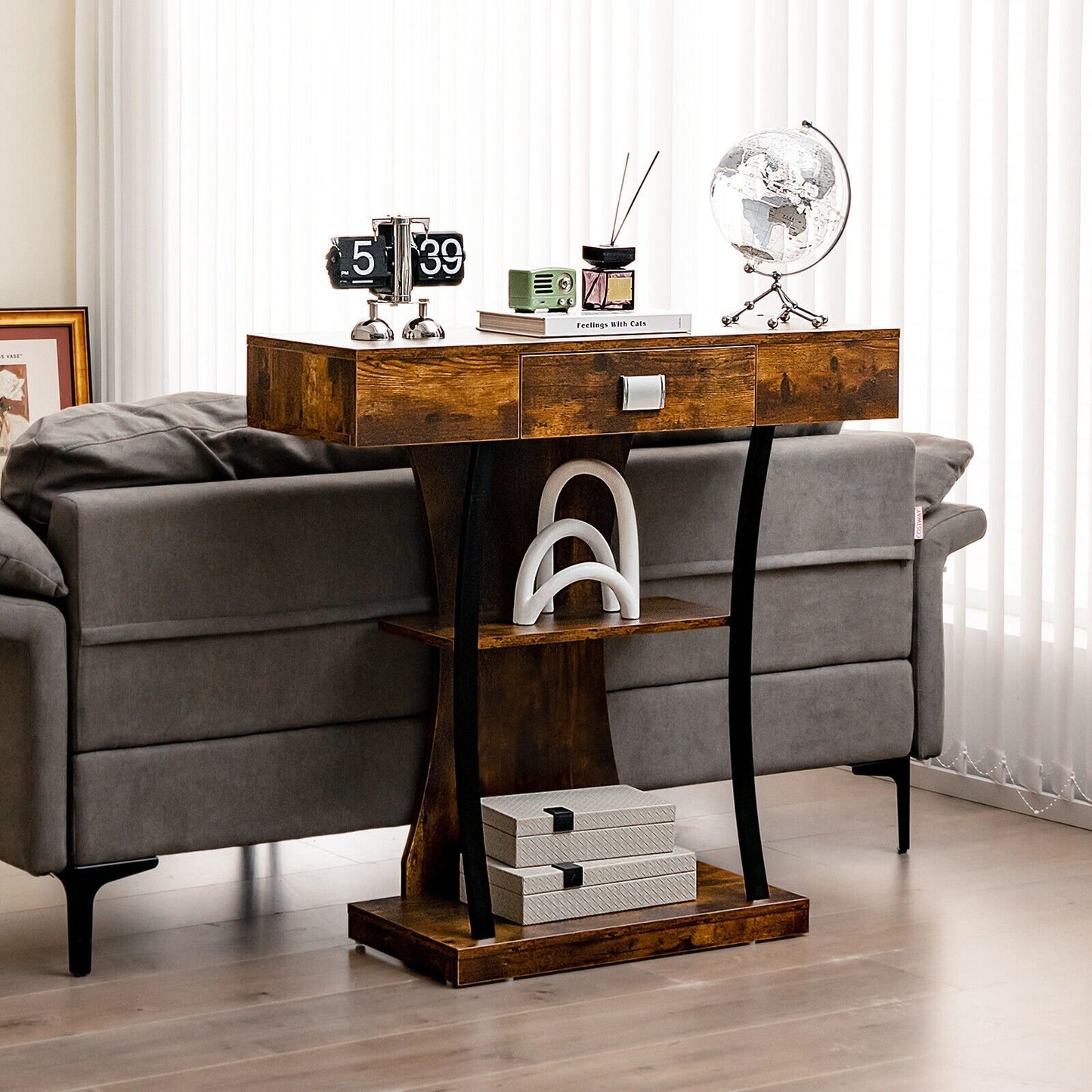 Console Table with Drawer and 2-Tier Shelves for Entryway Living Room-Black