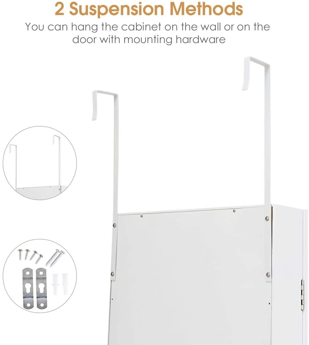 Full Length Mirror Jewelry Cabinet with Ring Slots and Necklace Hooks-White