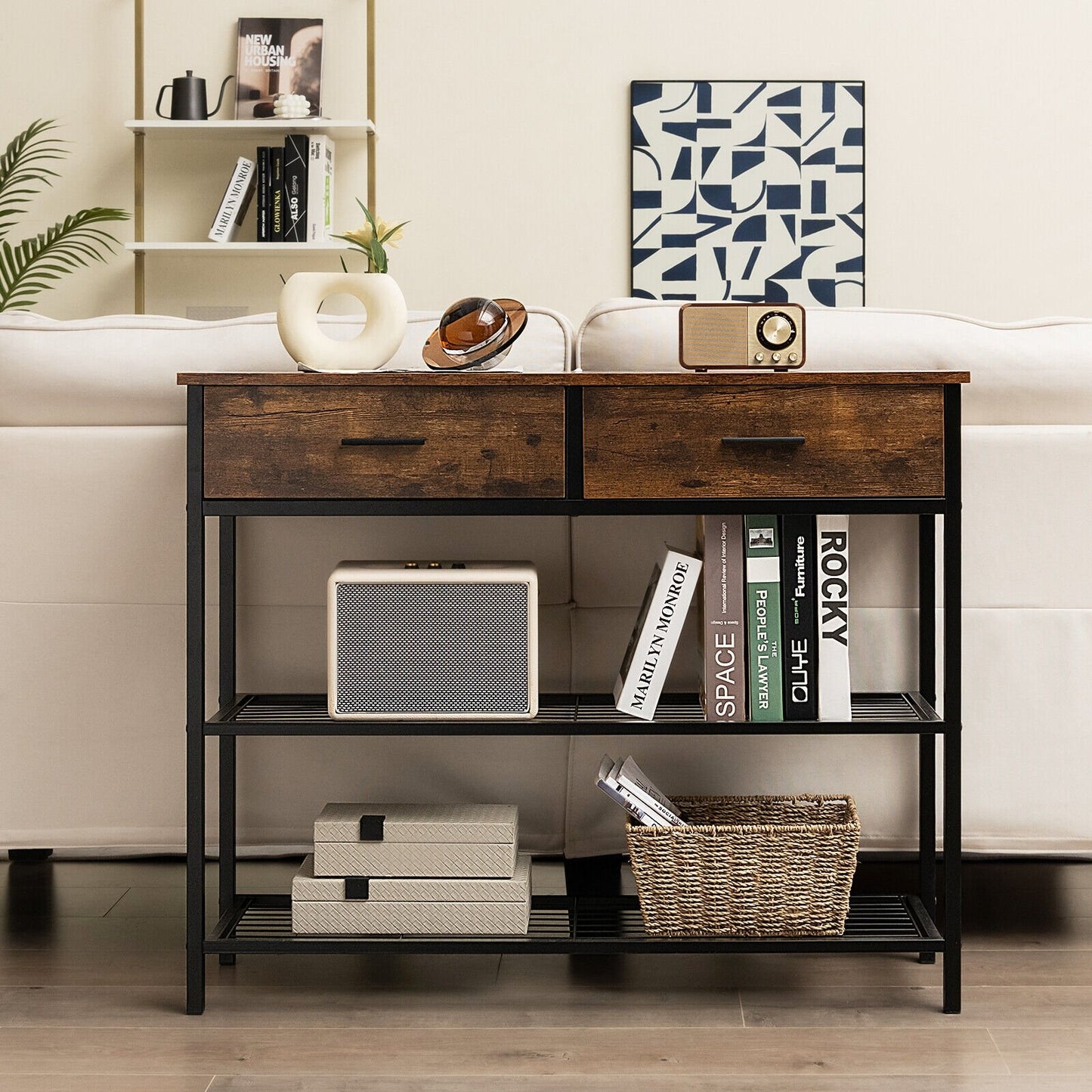 39.5 Inch Entryway Table with 2 Drawers and 2-Tier Shelves-Dark Brown