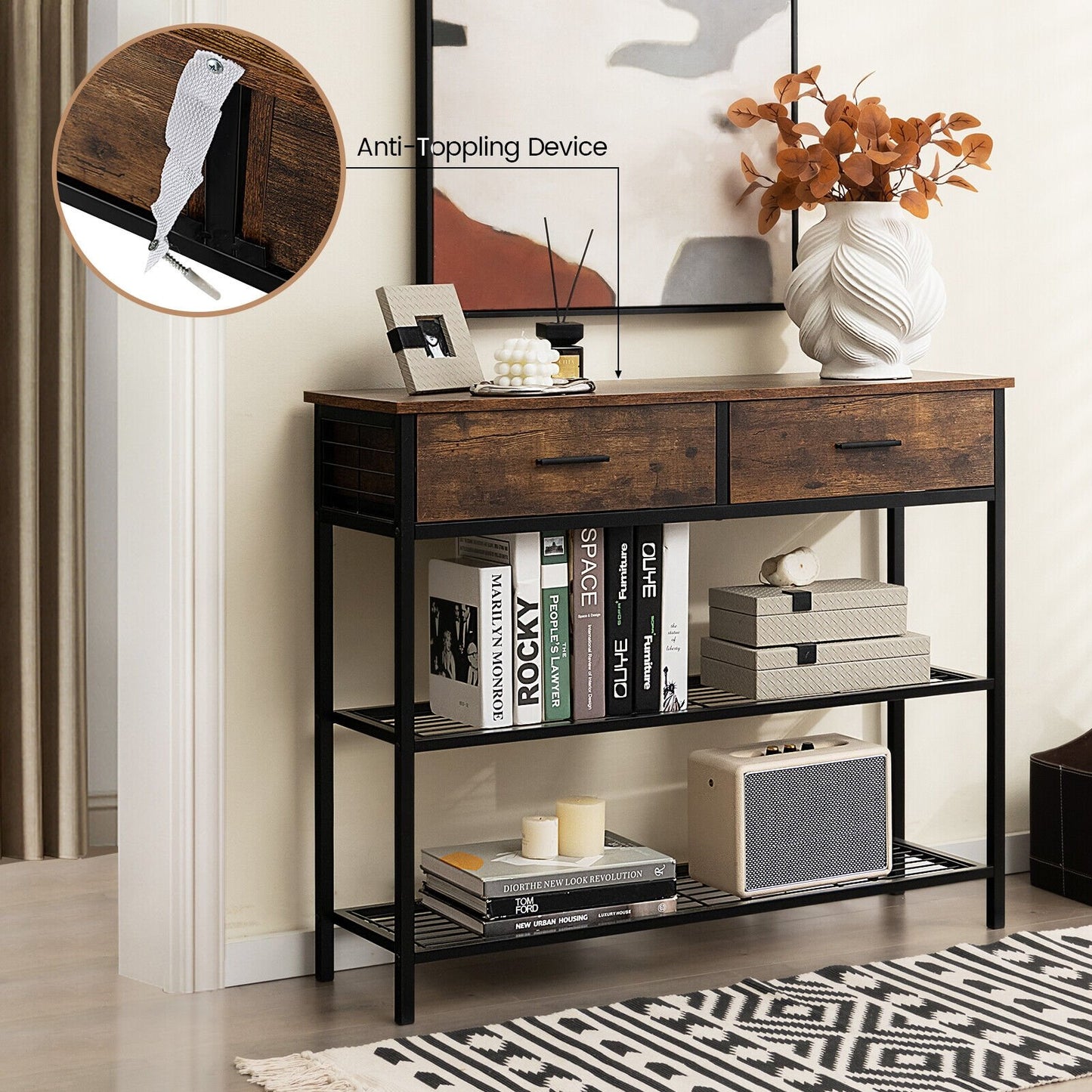39.5 Inch Entryway Table with 2 Drawers and 2-Tier Shelves-Dark Brown