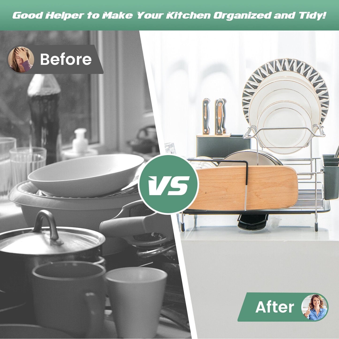 2-Tier Detachable Dish Rack with Drainboard and 360° Swivel Spout-Sliver