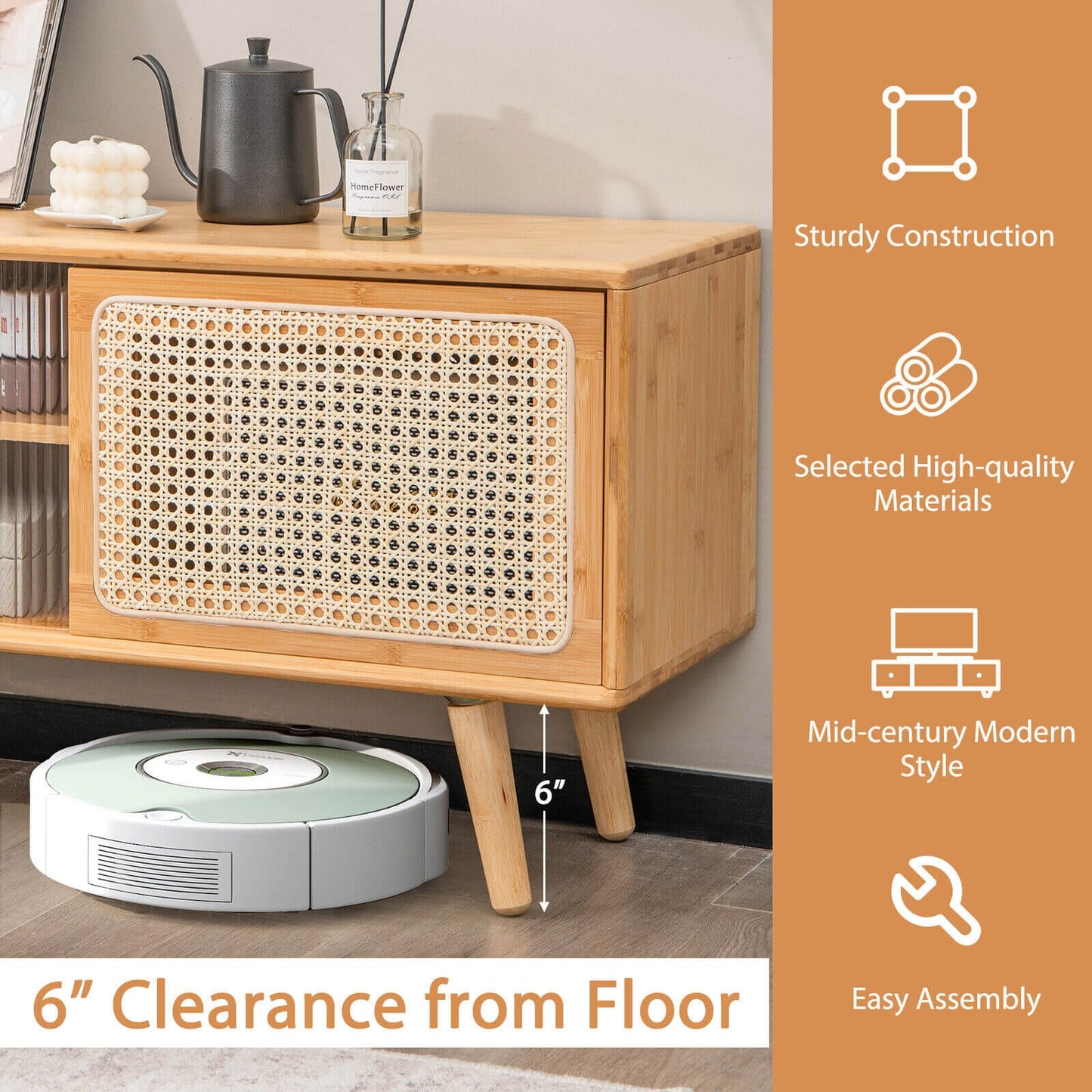Modern TV Stand with Rattan Glass Sliding Doors-Natural