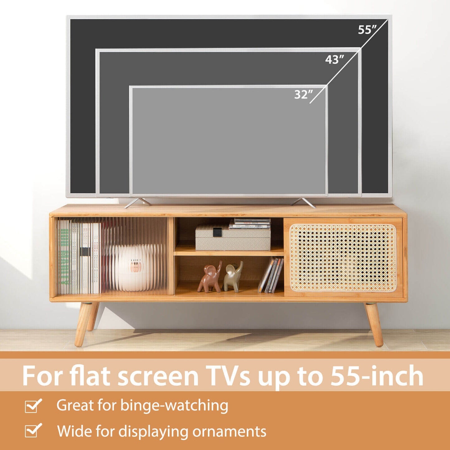 Modern TV Stand with Rattan Glass Sliding Doors-Natural