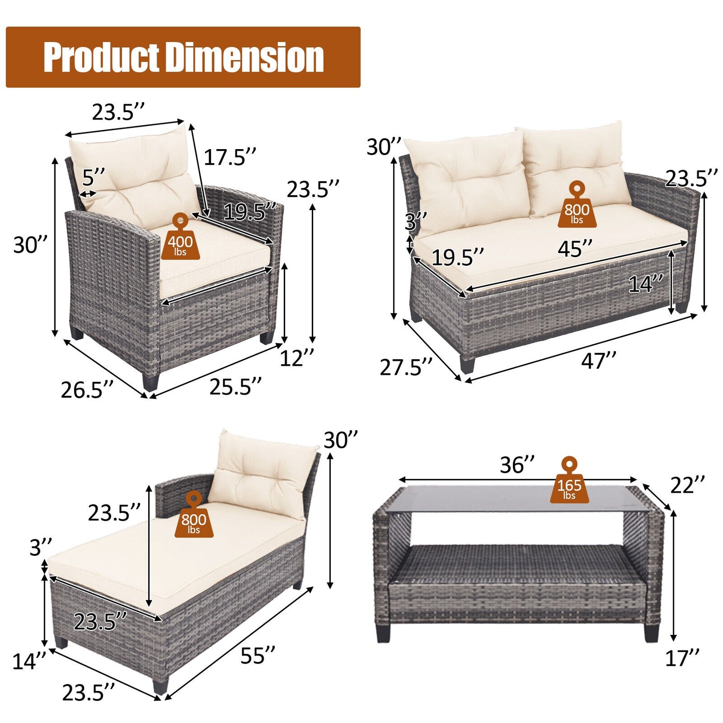 4 Pieces Patio Rattan Furniture Set with Cushion and Table Shelf-Off White