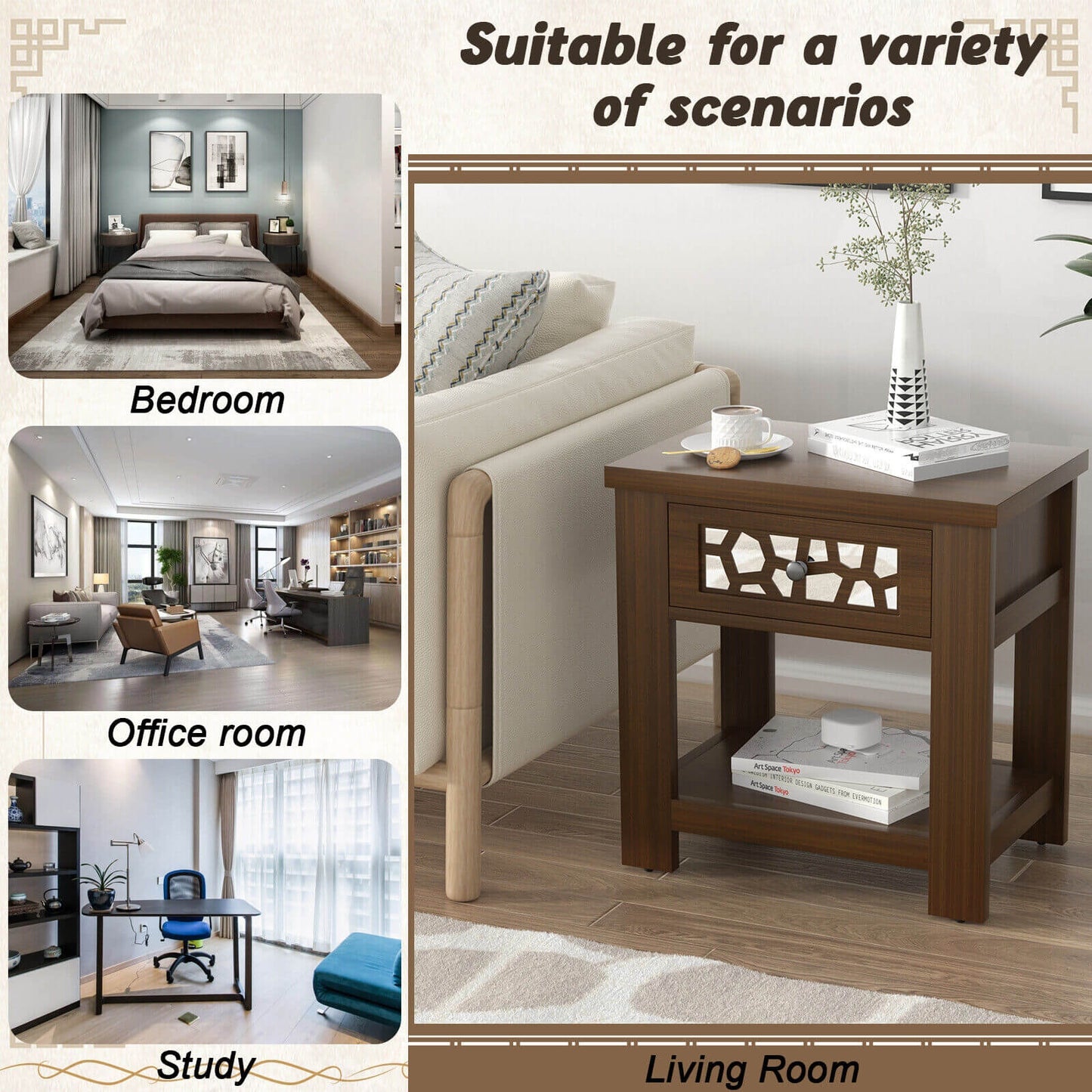 Wood Retro End Table with Mirrored Glass Drawer and Open Storage Shelf-Brown