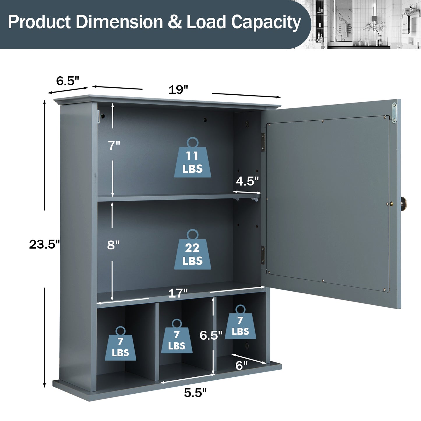 Wall Mounted and Mirrored Bathroom Cabinet-Gray