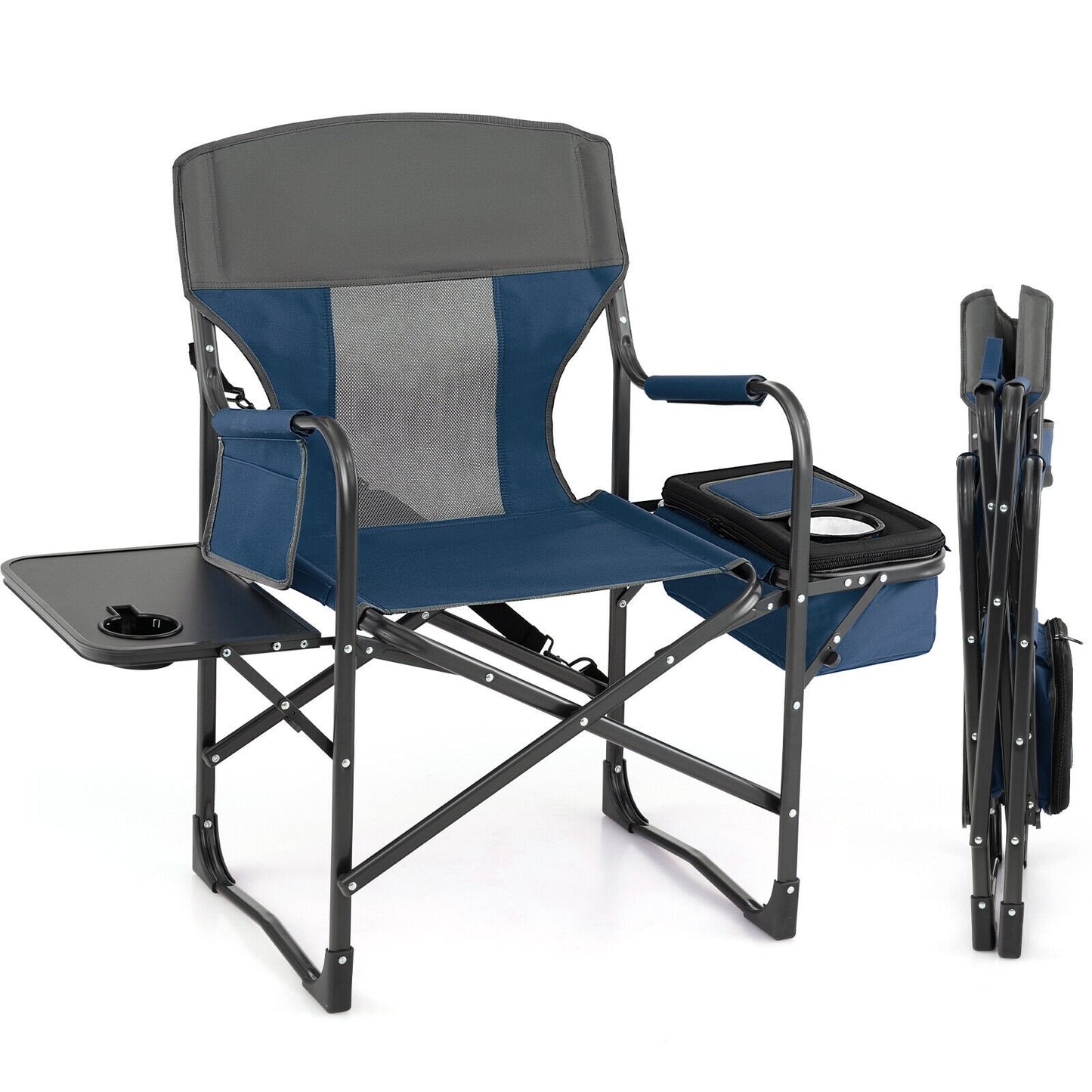 Folding Camping Directors Chair with Cooler Bag and Side Table-Black