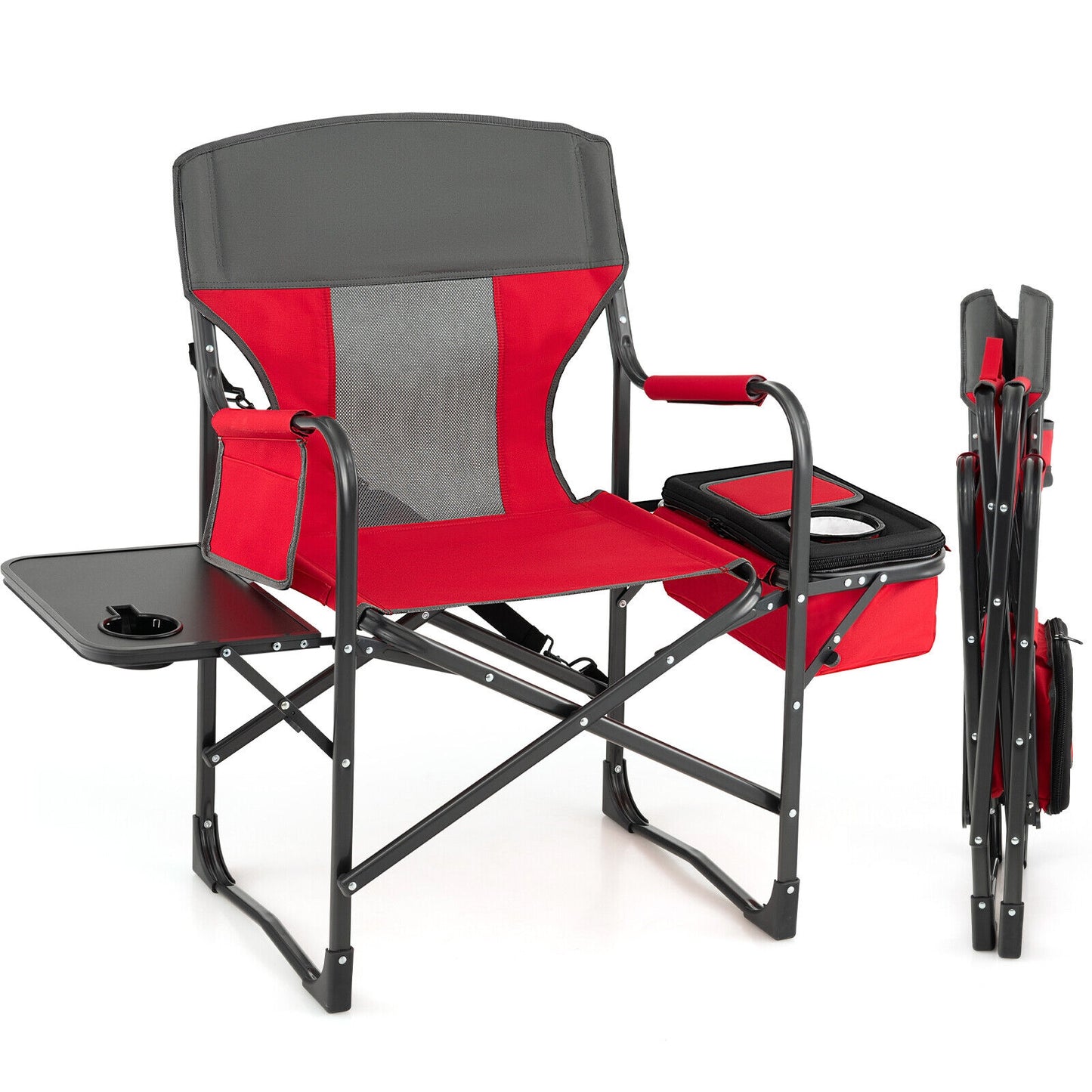 Folding Camping Directors Chair with Cooler Bag and Side Table-Black