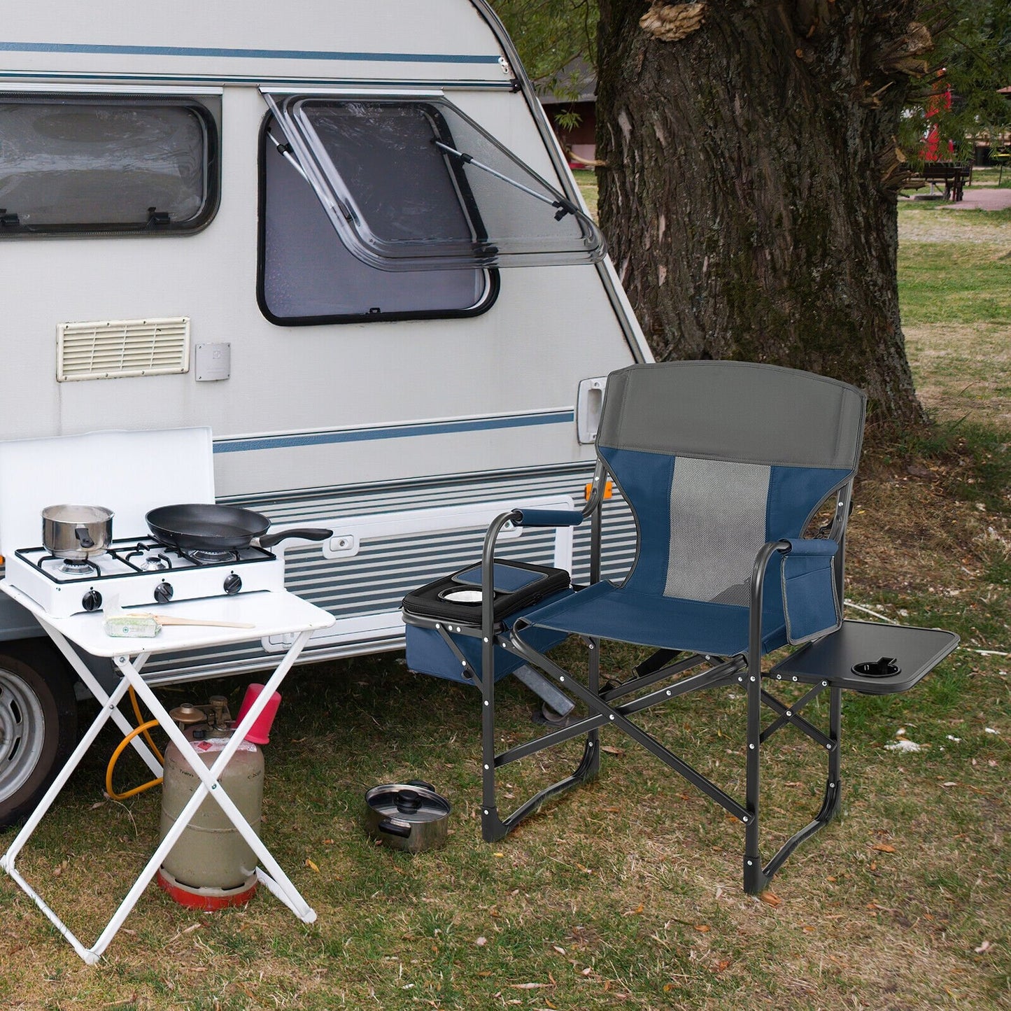 Folding Camping Directors Chair with Cooler Bag and Side Table-Black