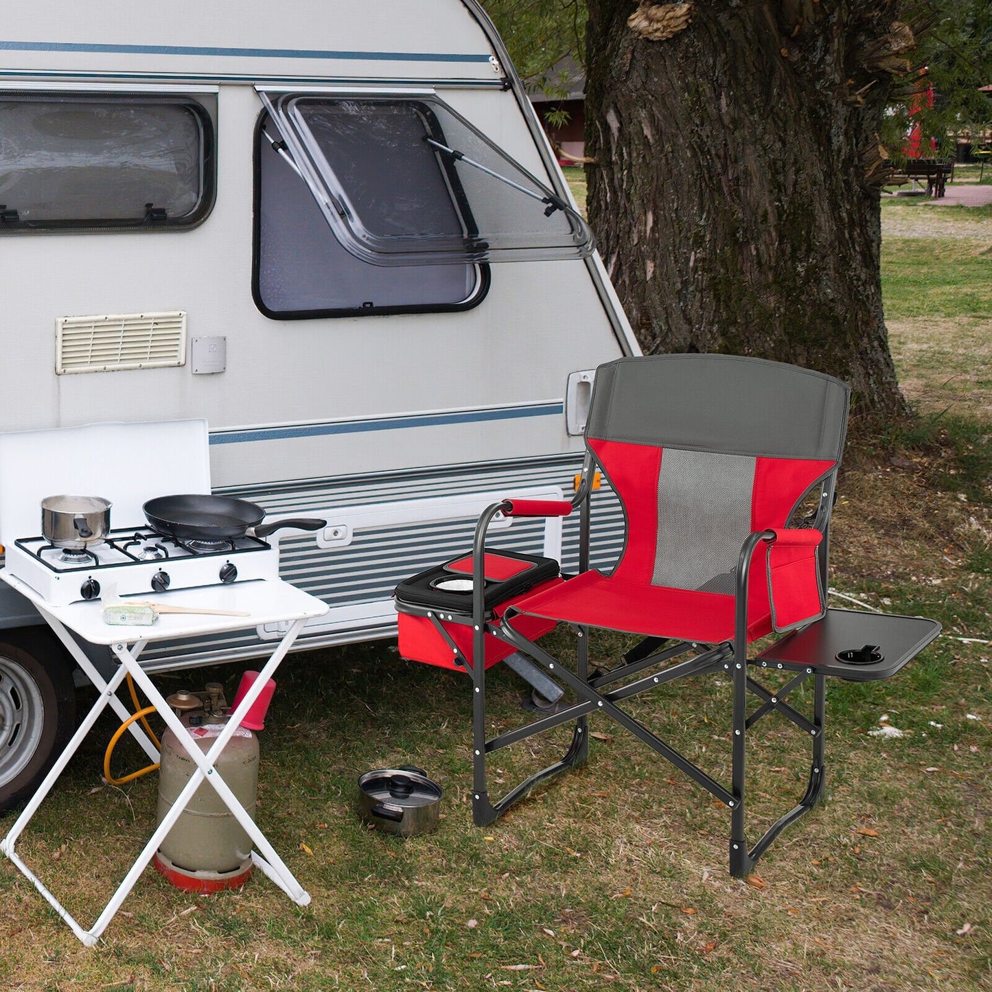 Folding Camping Directors Chair with Cooler Bag and Side Table-Black