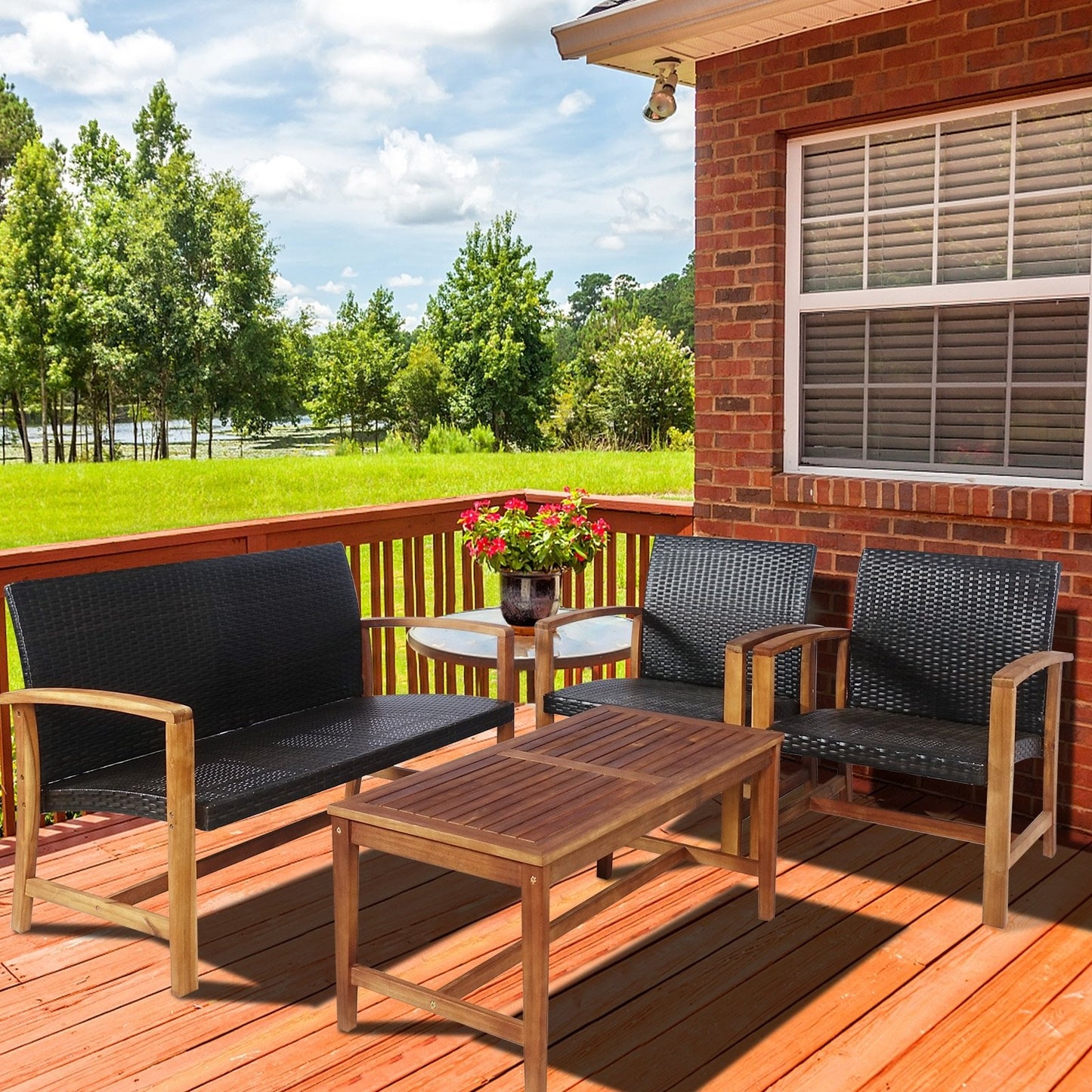 4 Pieces PE Rattan Patio Furniture Set with Acacia Wood