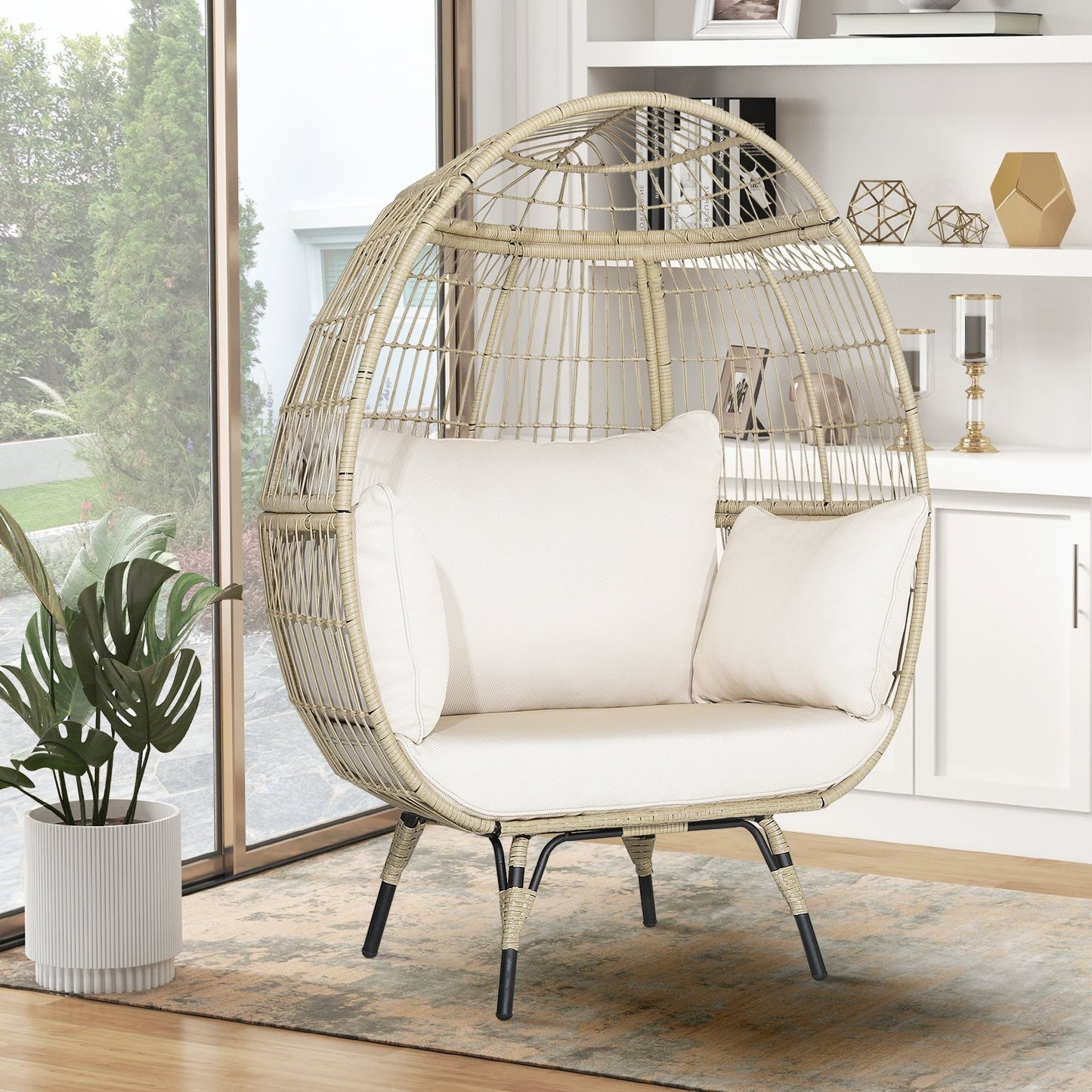 Oversized Indoor Wicker Egg Chair with Sturdy Metal Frame for Patio-Black