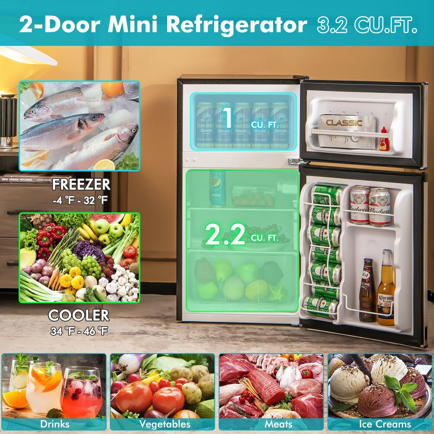 3.2 Cu. Ft Compact Mini Fridge with 5 Temperature Settings-Black