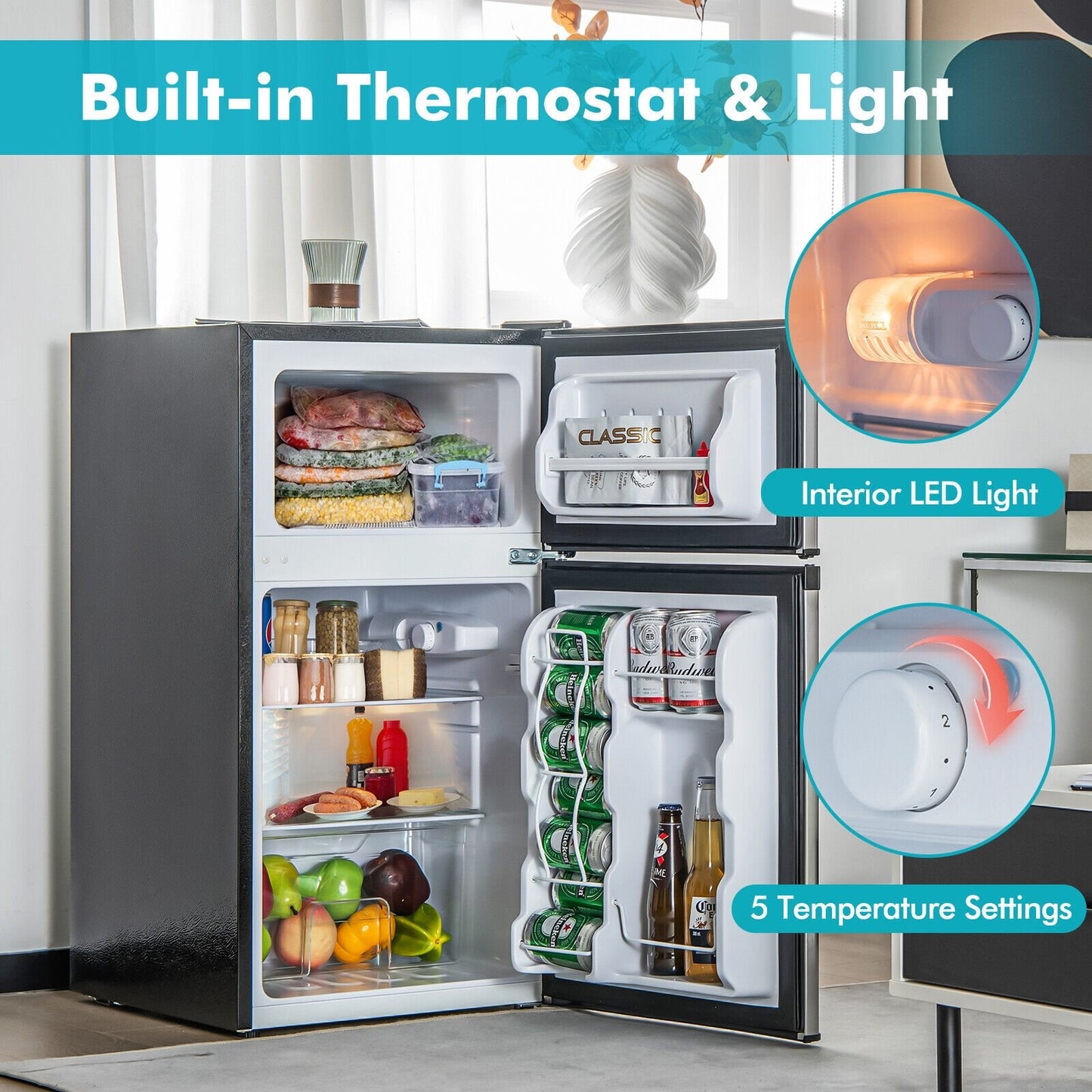 3.2 Cu. Ft Compact Mini Fridge with 5 Temperature Settings-Black