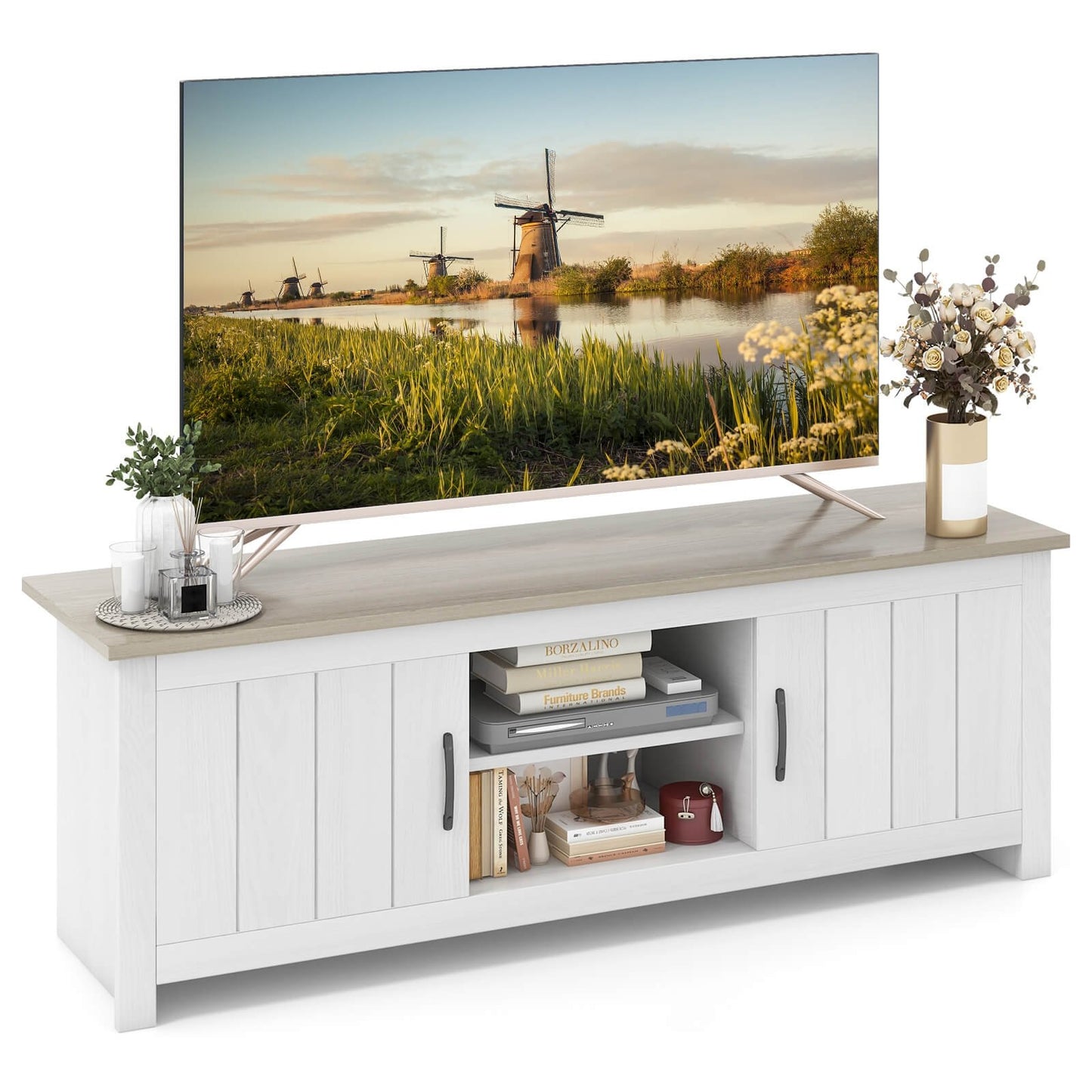TV Stand with 2 Cabinets and Open Shelves for TVs up to 65 Inches-Black