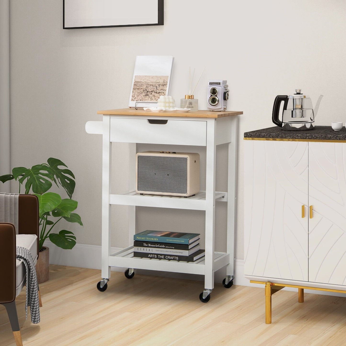 3-Tier Kitchen Island Cart Rolling Service Trolley with Bamboo Top-Natural