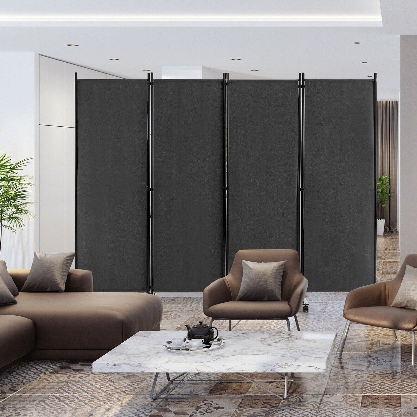 4-Panel Folding Room Divider 6 Feet Rolling Privacy Screen with Lockable Wheels-Black