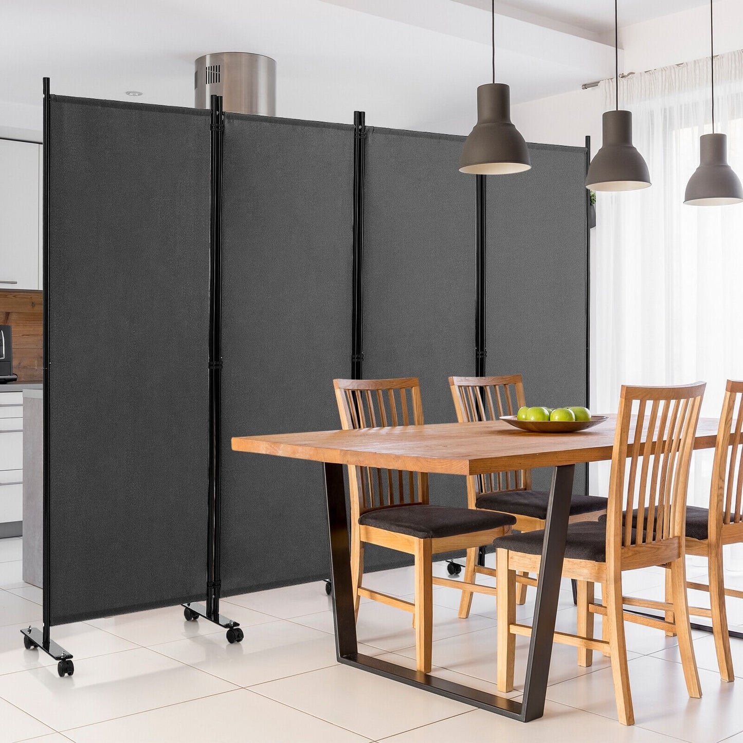 4-Panel Folding Room Divider 6 Feet Rolling Privacy Screen with Lockable Wheels-Black