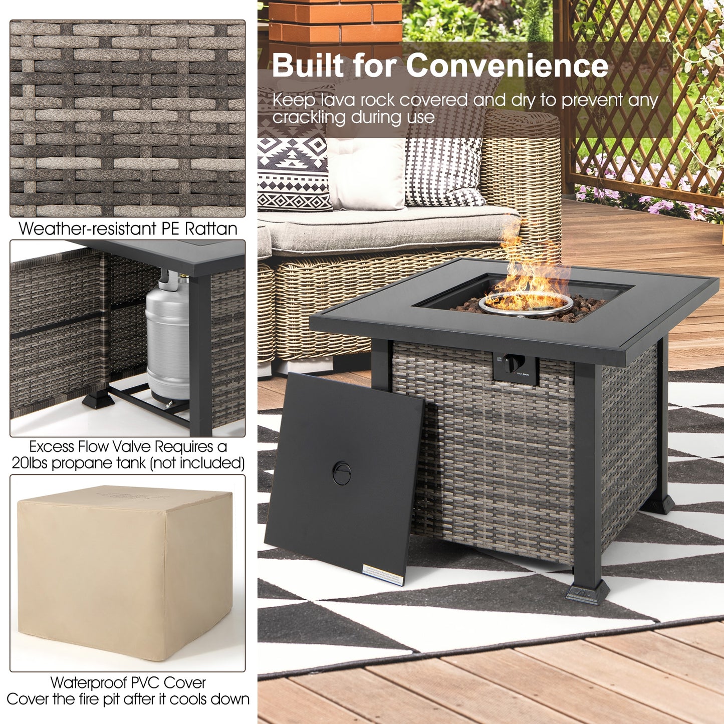 9 Pieces Outdoor Patio Furniture Set with 32-Inch Propane Fire Pit Table-Off White