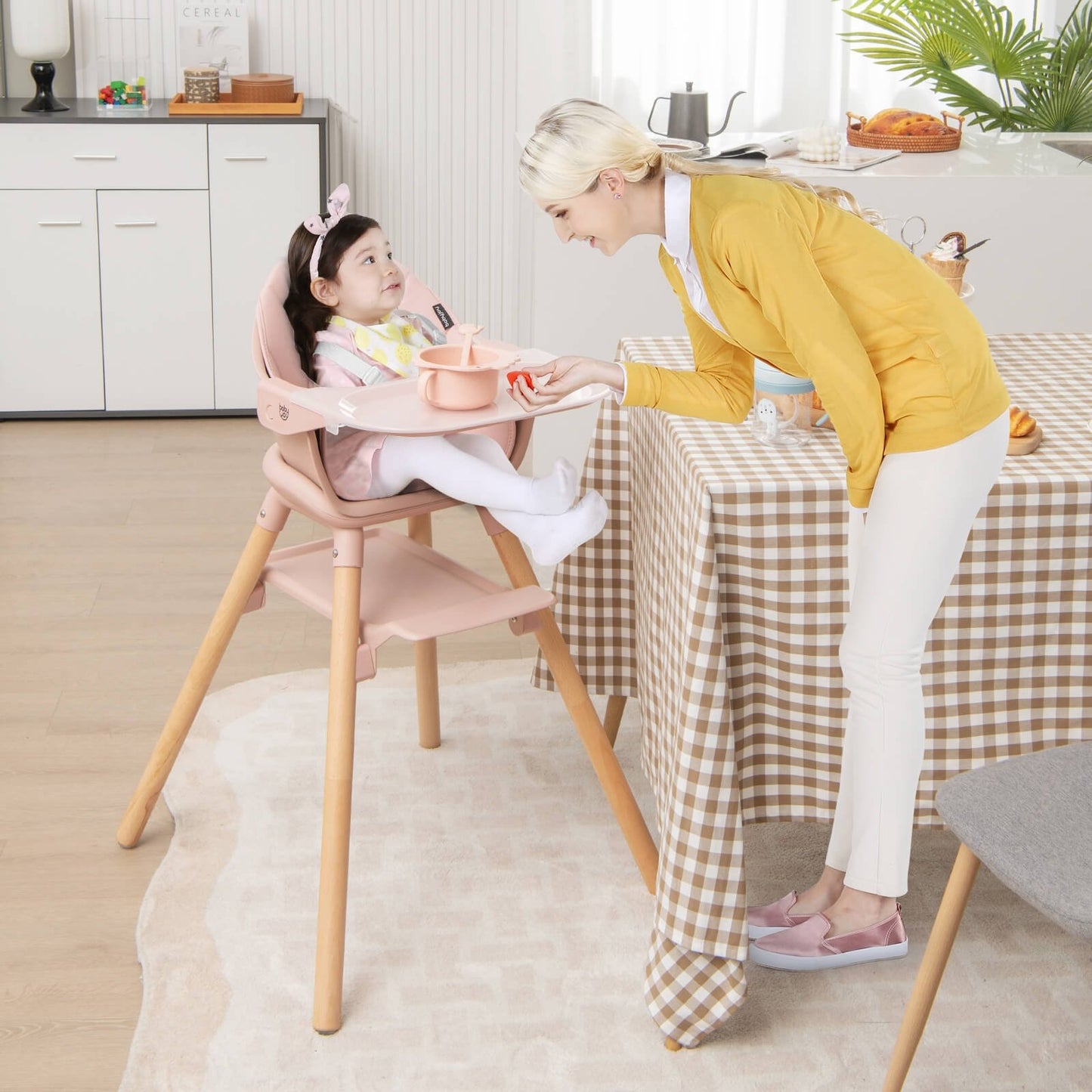 6 in 1 Convertible Highchair with Safety Harness and Removable Tray-Beige