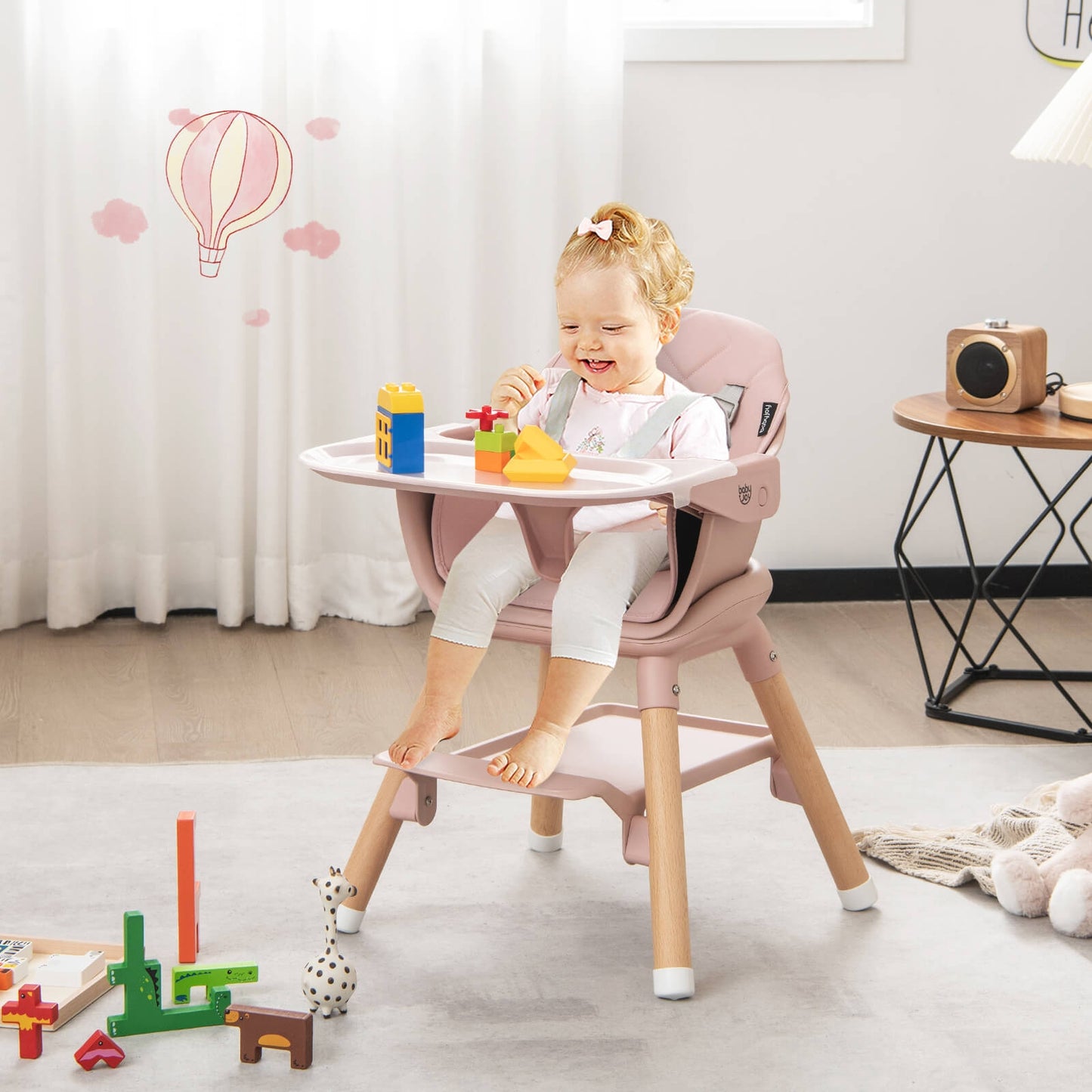 6 in 1 Convertible Highchair with Safety Harness and Removable Tray-Beige