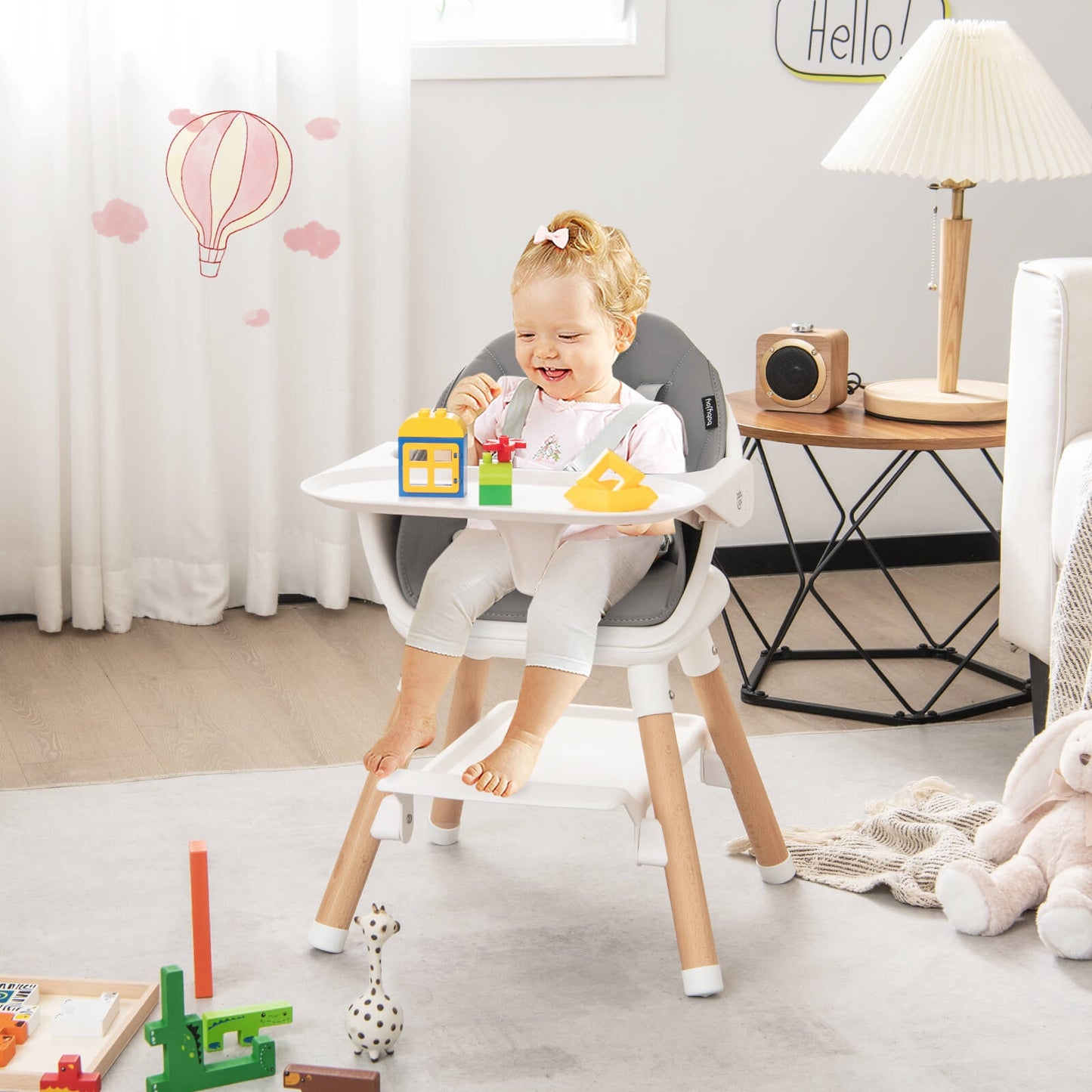 6 in 1 Convertible Highchair with Safety Harness and Removable Tray-White