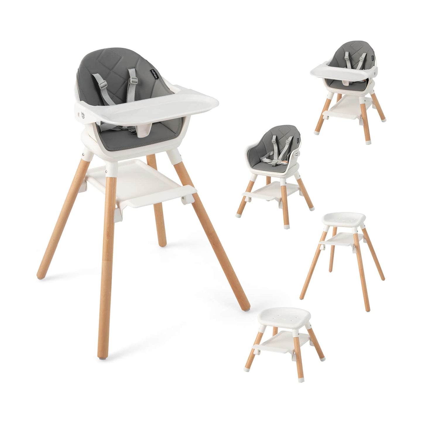 6 in 1 Convertible Highchair with Safety Harness and Removable Tray-White