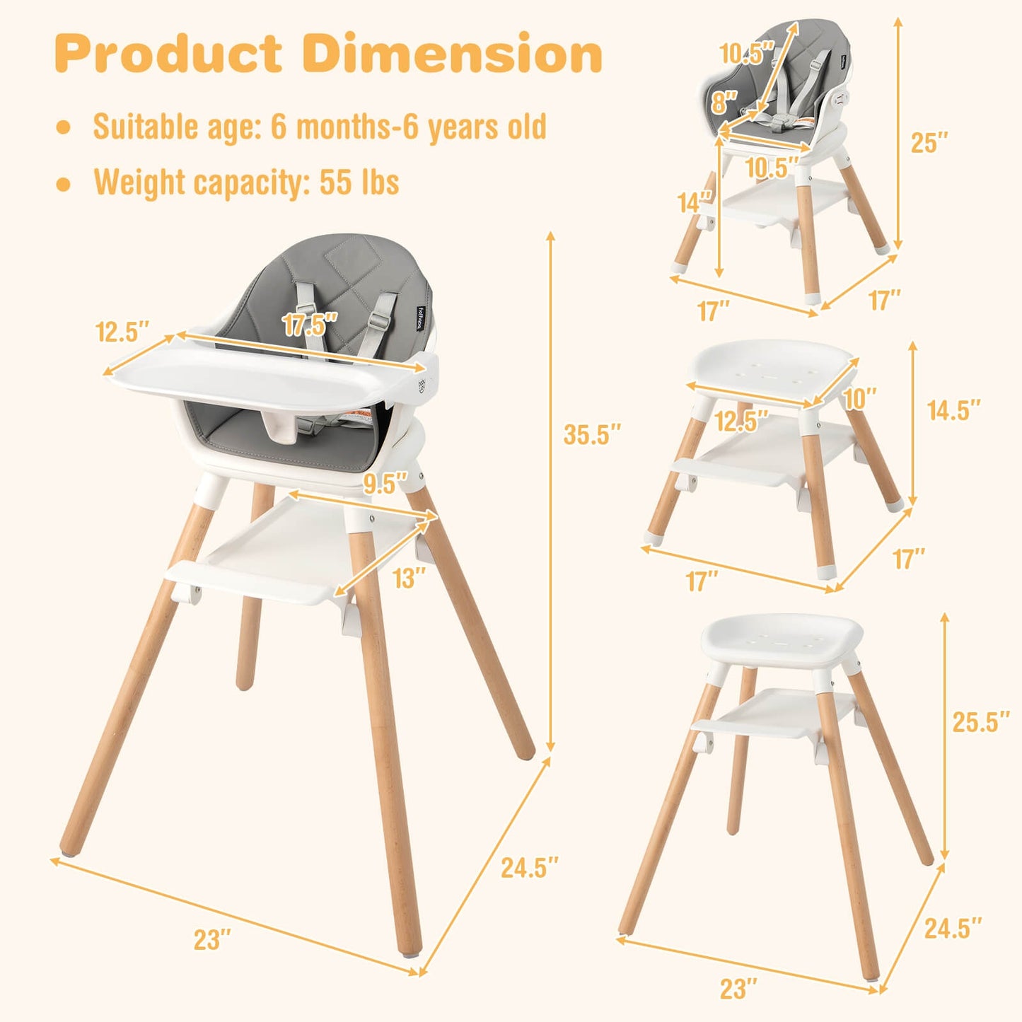 6 in 1 Convertible Highchair with Safety Harness and Removable Tray-White