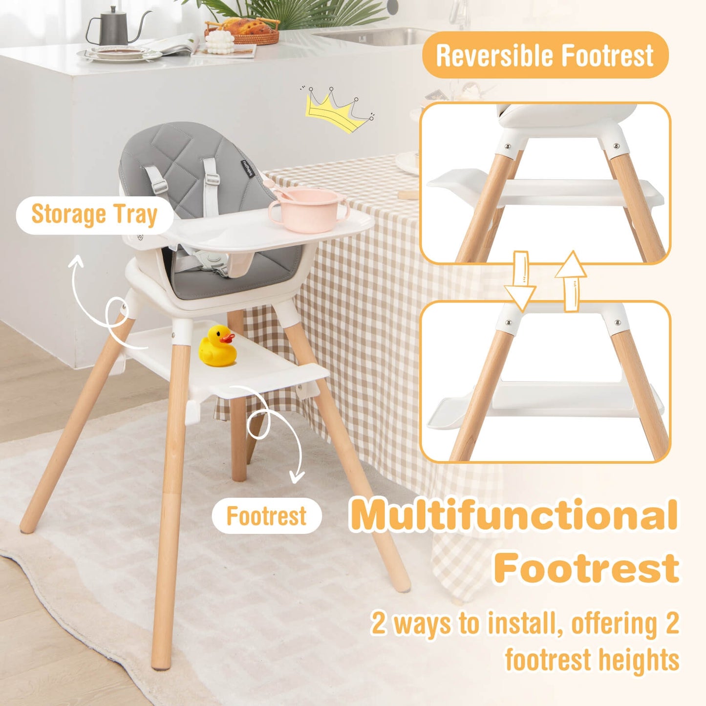 6 in 1 Convertible Highchair with Safety Harness and Removable Tray-White