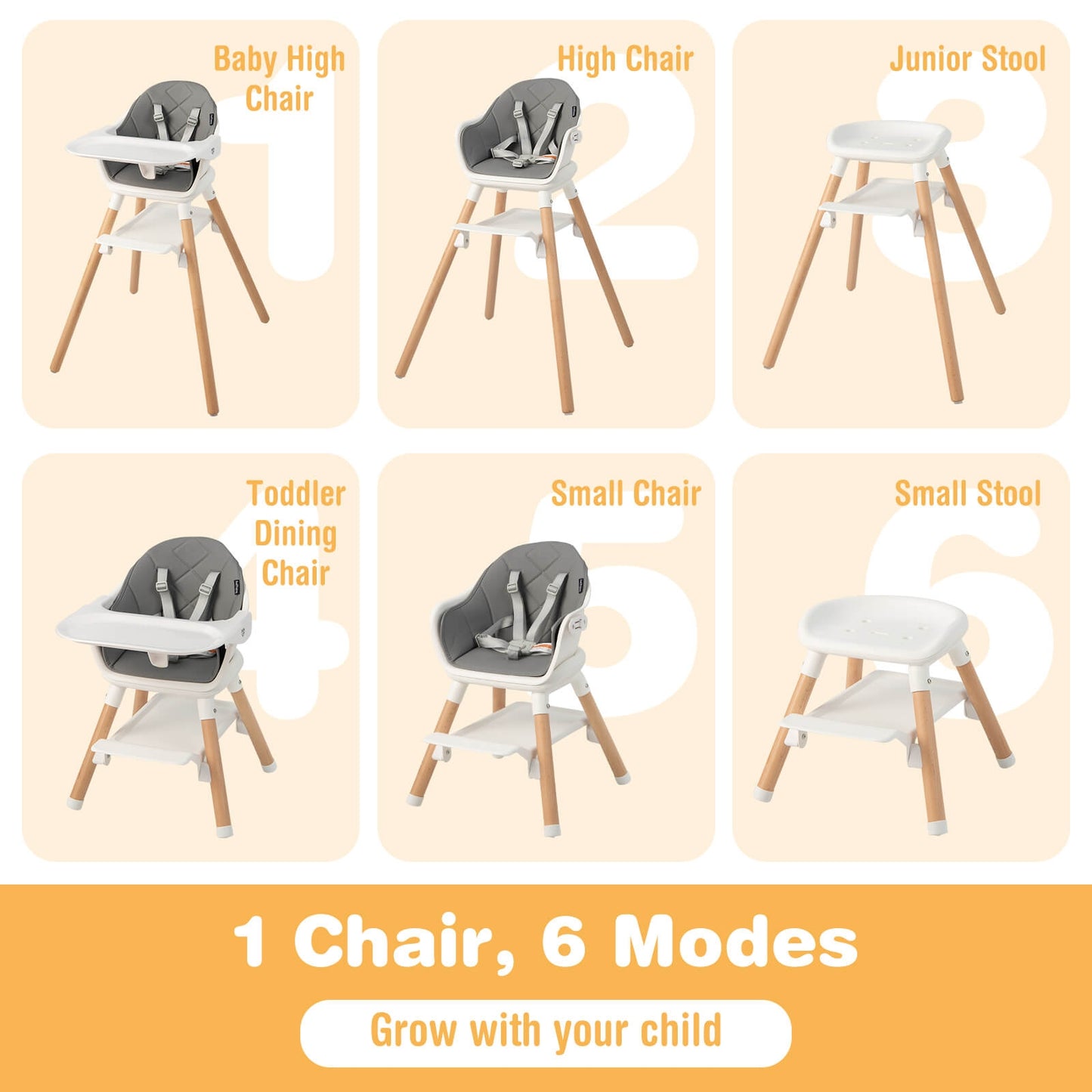 6 in 1 Convertible Highchair with Safety Harness and Removable Tray-White
