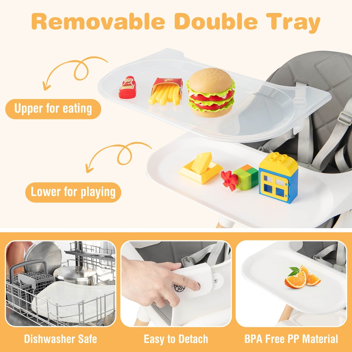 6 in 1 Convertible Highchair with Safety Harness and Removable Tray-White