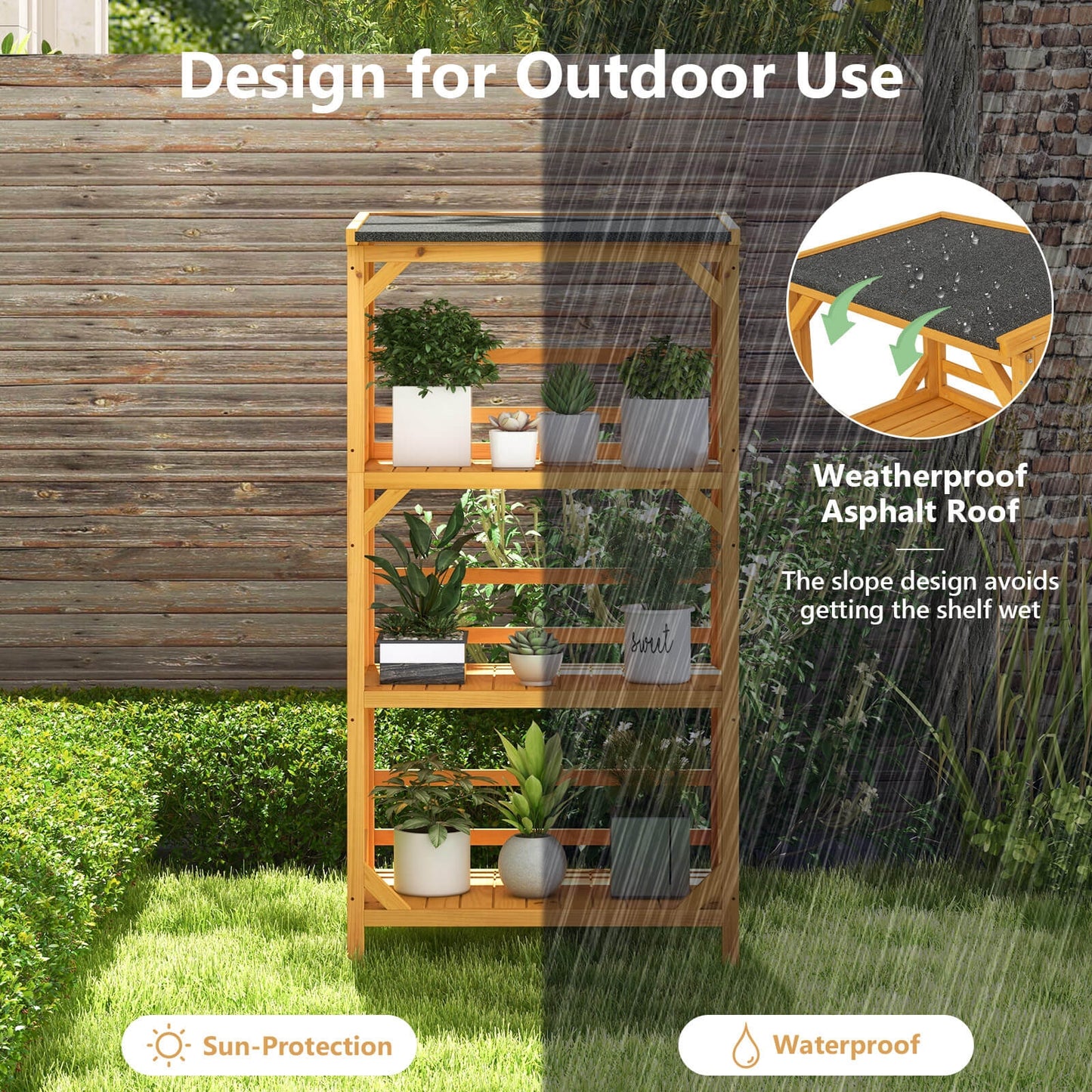 3-Tier Wooden Plant Stand with Weatherproof Asphalt Roof for Patio-Natural