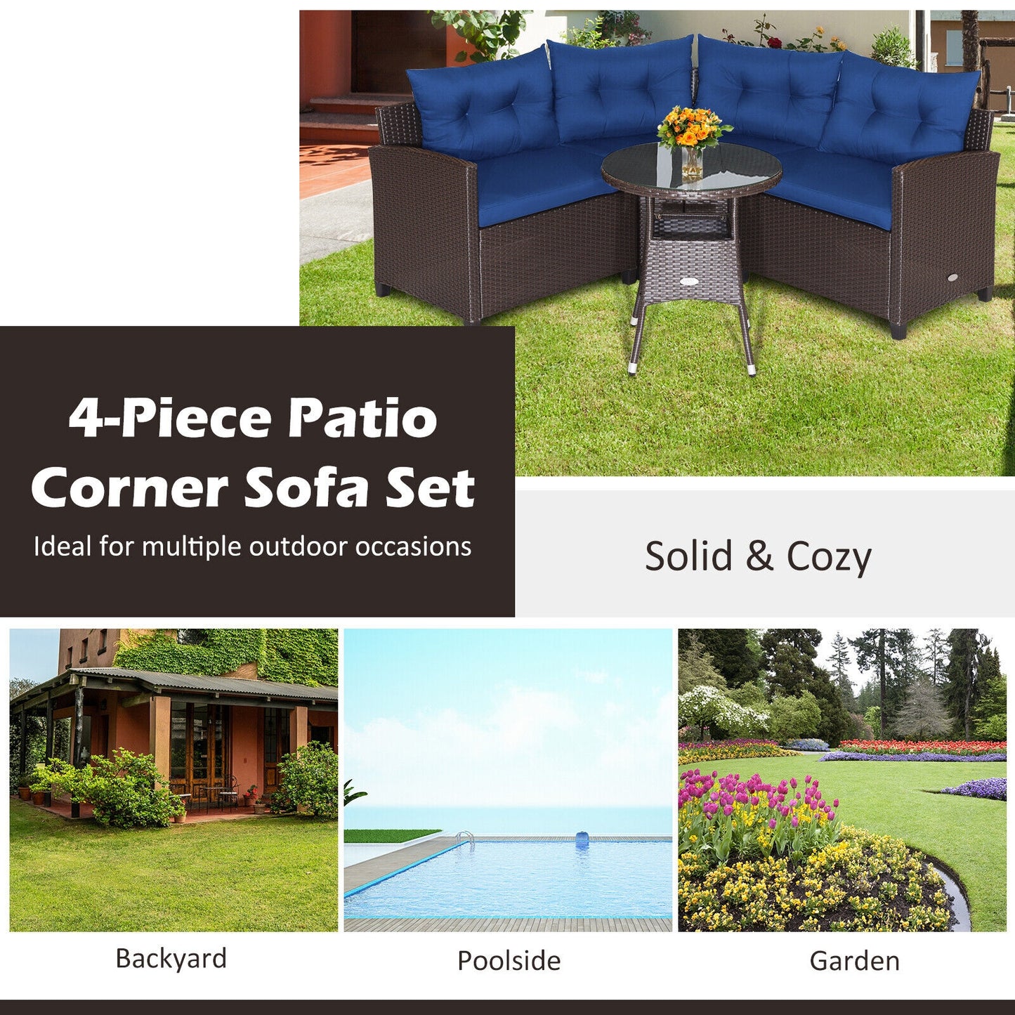 4 Pieces Patio Rattan Furniture Set Cushioned Sofa Glass Table-Black