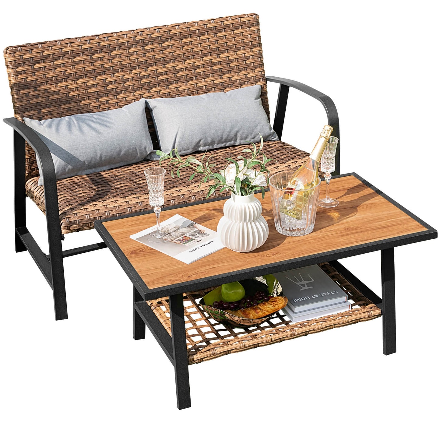 2 Pieces Patio Rattan Coffee Table Set with Shelf and Quick Dry Cushion