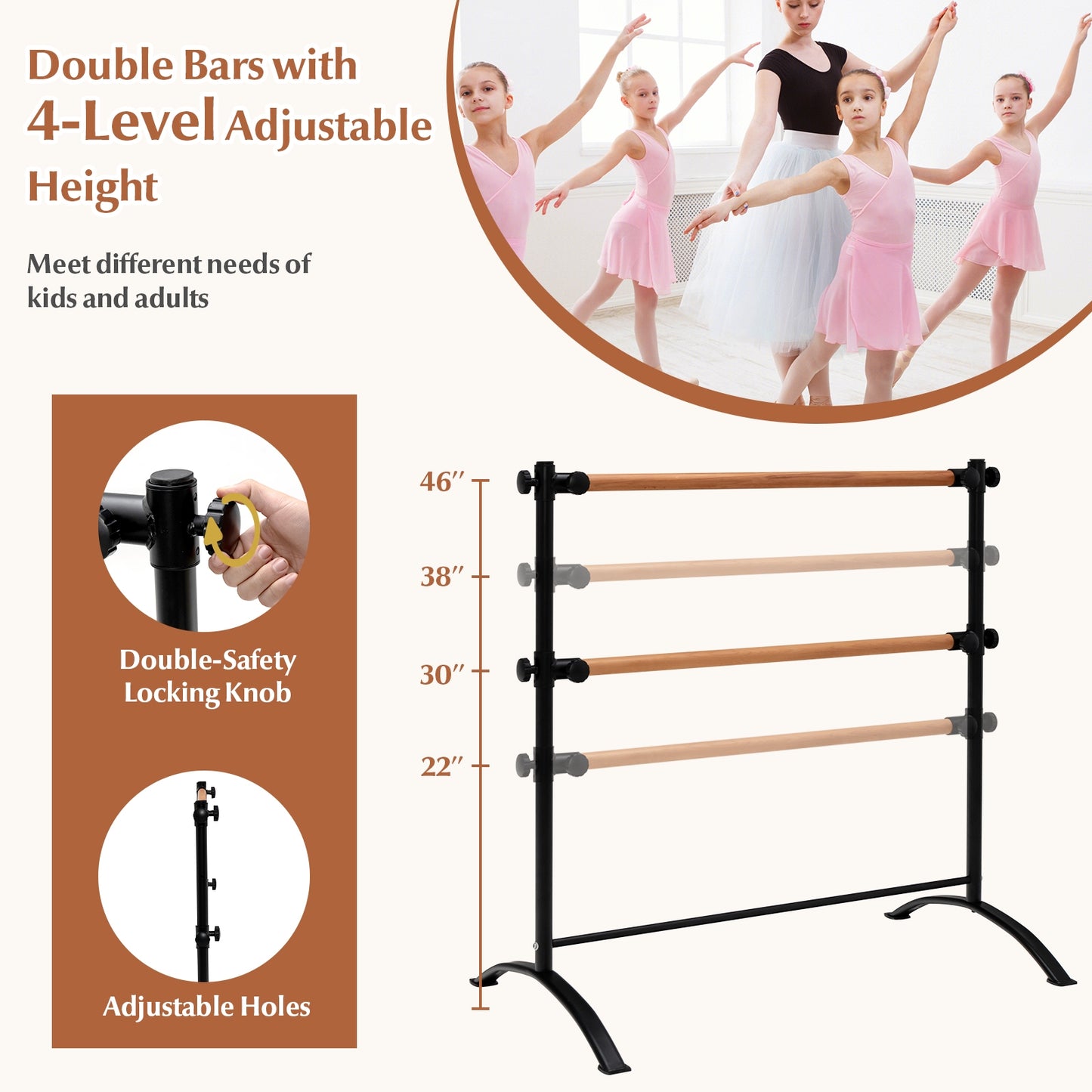 4 Foot Portable Freestanding Double Ballet Barre-Black