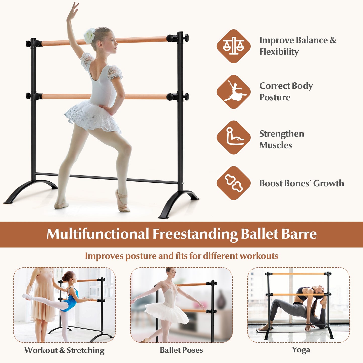 4 Foot Portable Freestanding Double Ballet Barre-Black