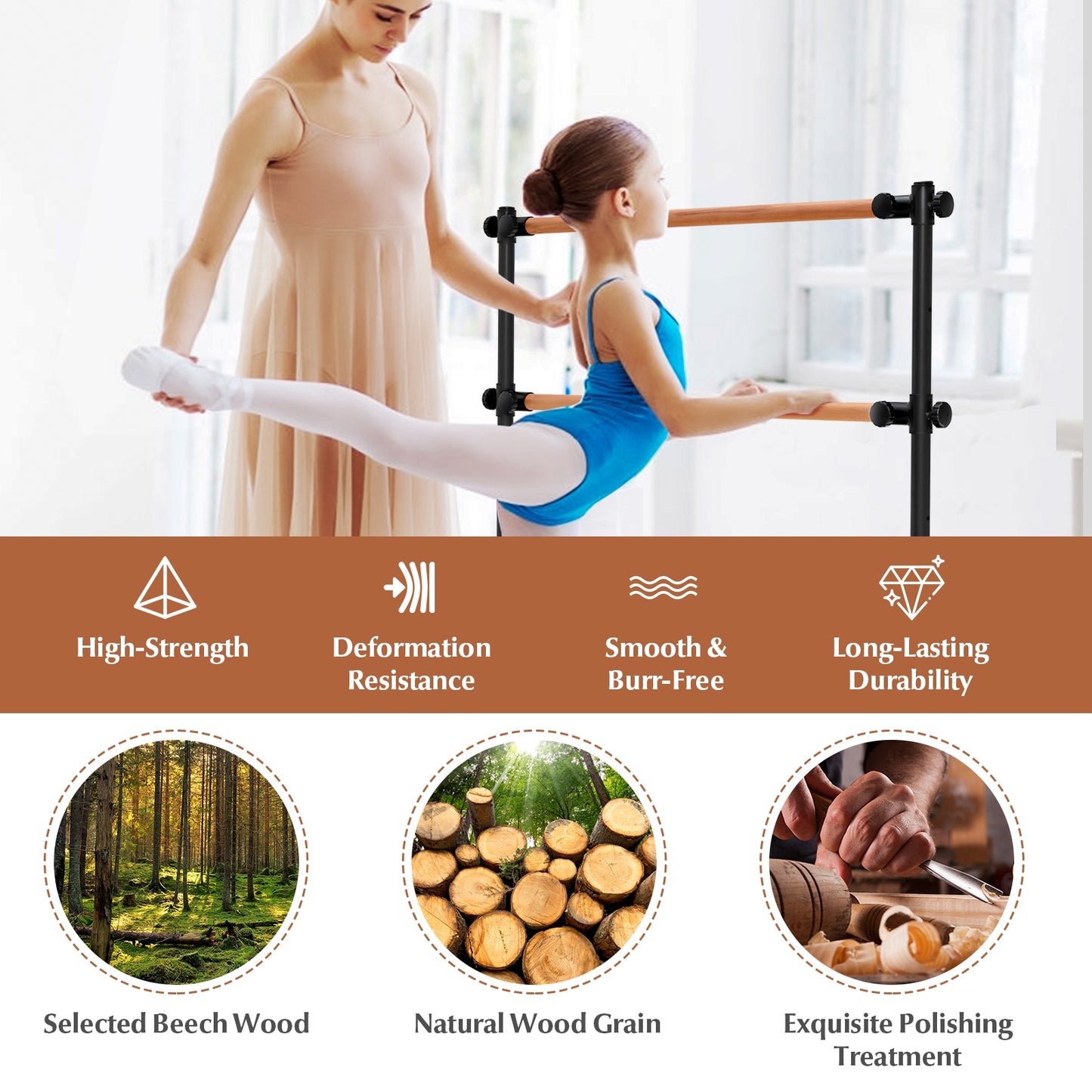 4 Foot Portable Freestanding Double Ballet Barre-Black