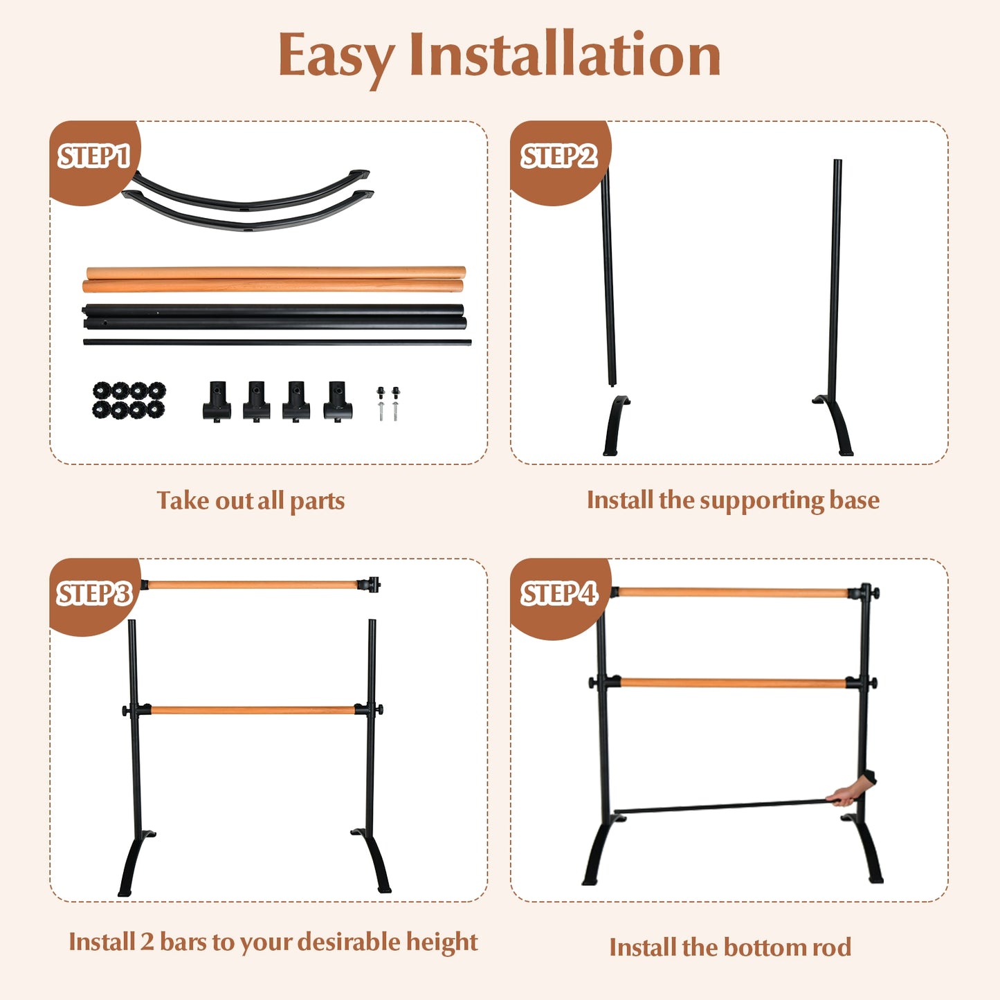 4 Foot Portable Freestanding Double Ballet Barre-Black